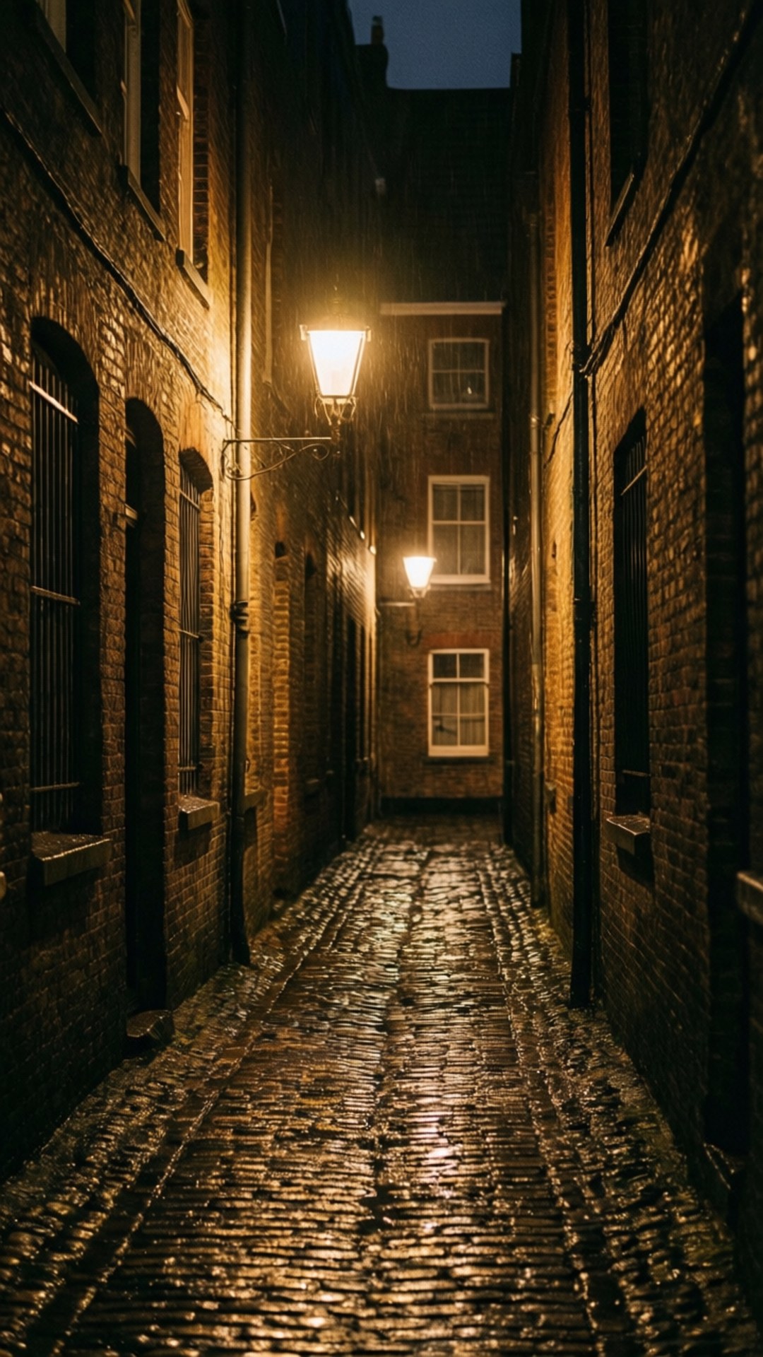 夜晚溫暖路燈照亮狹窄濕漉漉的鵝卵石小巷