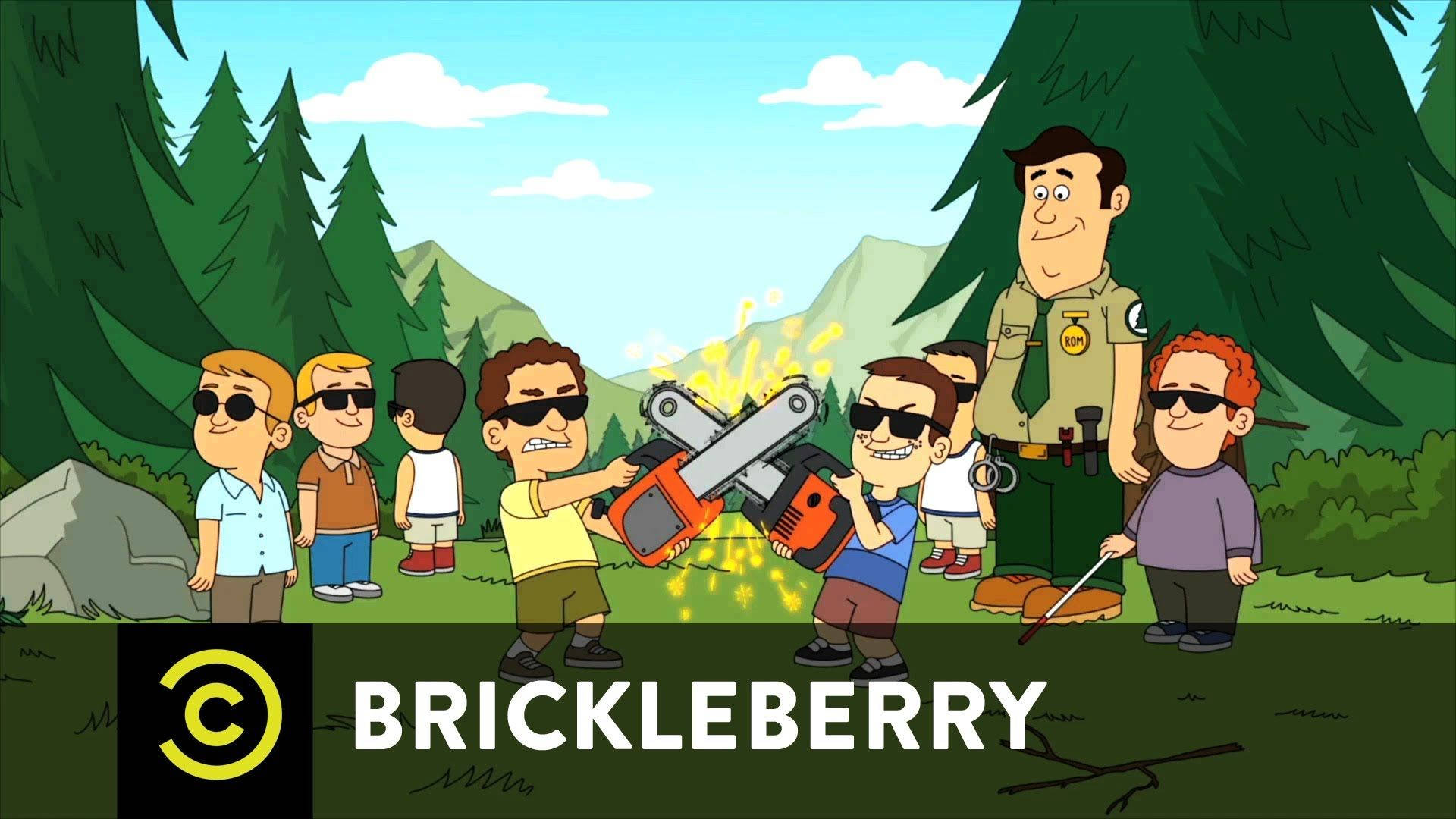 Brickleberry 戴太陽眼鏡的孩子們 壁紙 — 森林中的卡通角色，正在進行電鋸大戰，一名公園管理員在旁觀看。