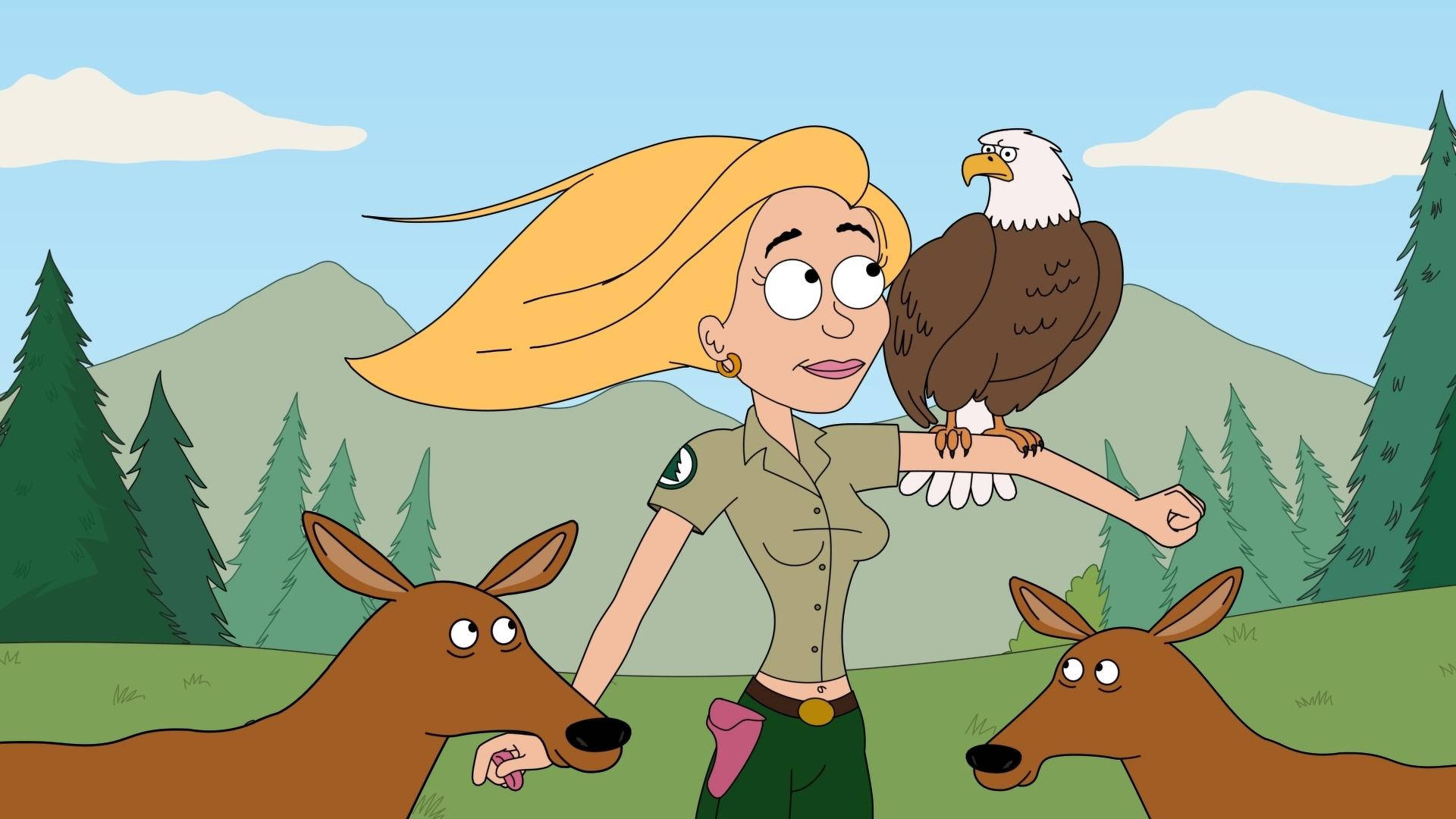 Brickleberry 艾瑟爾與動物 壁紙 — 一個穿著護林員制服嘅卡通女人企喺森林入面，有兩隻鹿同一隻白頭鷹企喺佢手臂上。