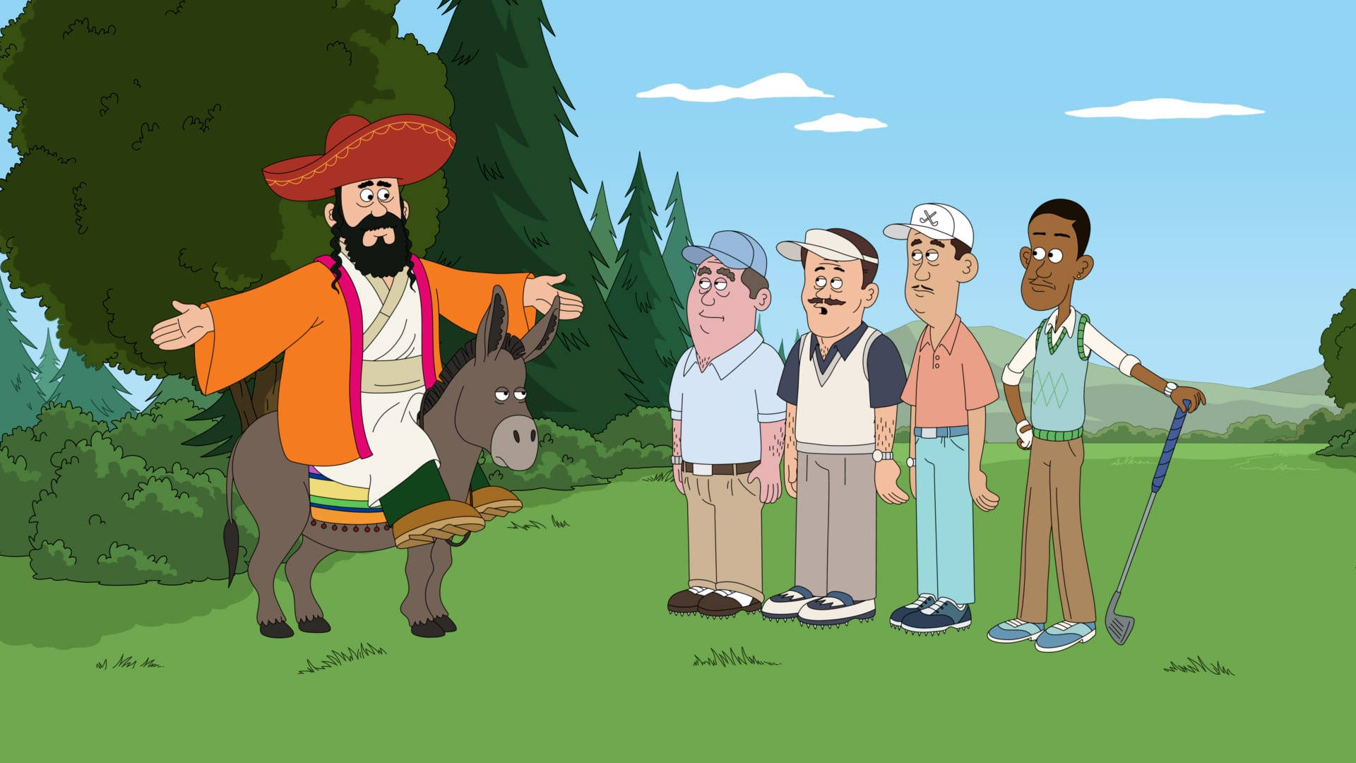 Brickleberry 戴帽男子 壁紙 — 一隻驢上的卡通耶穌向三個在陽光明媚的森林空地上的高爾夫球手做手勢。