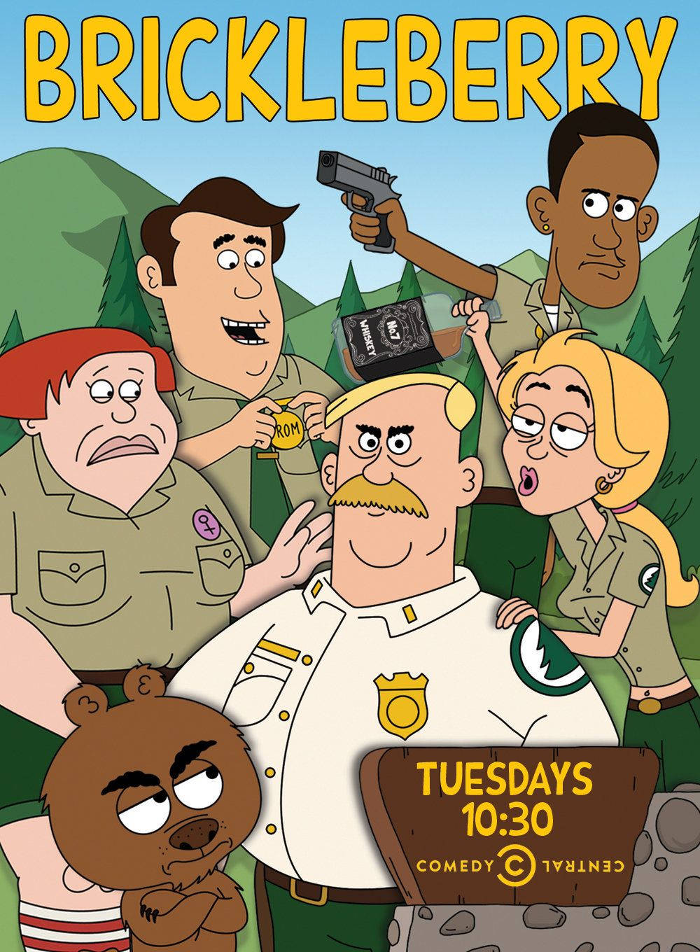 Brickleberry 電視節目海報，卡通管理員和熊在森林環境中。