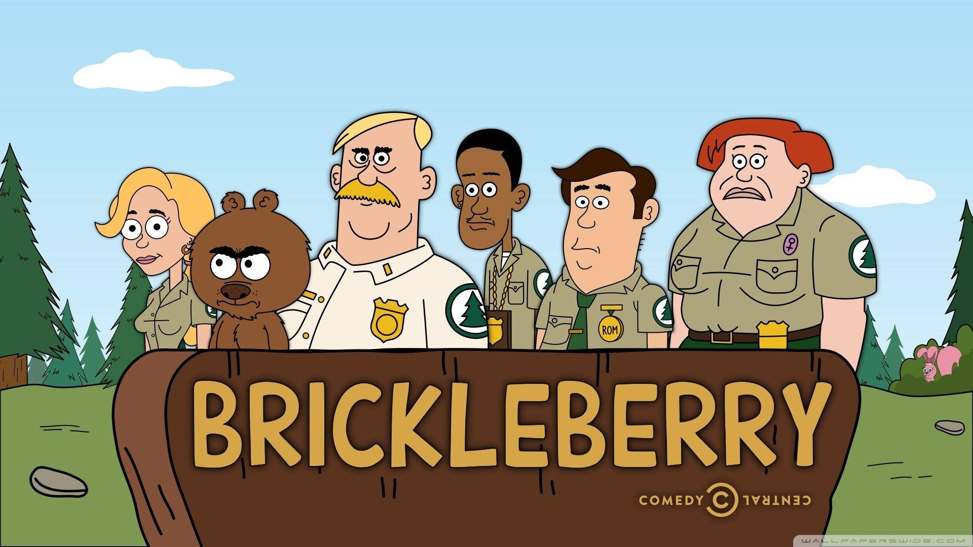 Brickleberry 卡通角色穿著森林制服站在木製標誌後面。