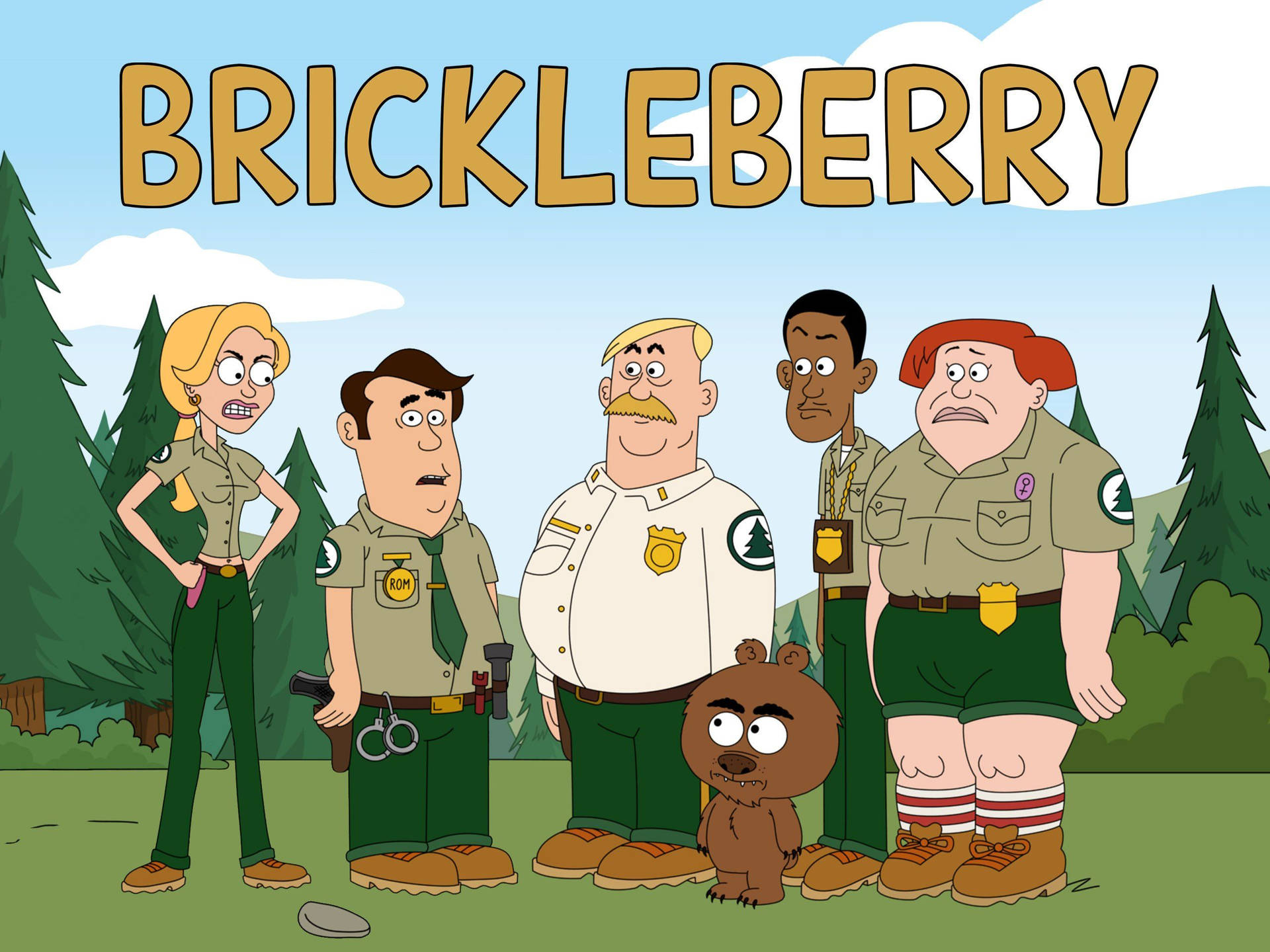 Brickleberry 卡通角色穿著森林護林員制服與一隻熊在一起。
