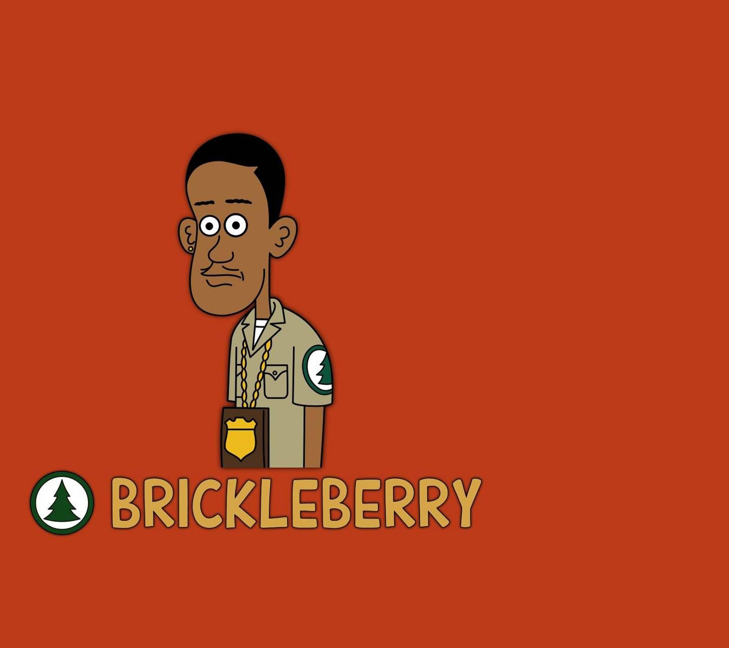 卡通警長角色帶有樹木補丁和徽章，在紅色背景前與Brickleberry標誌。