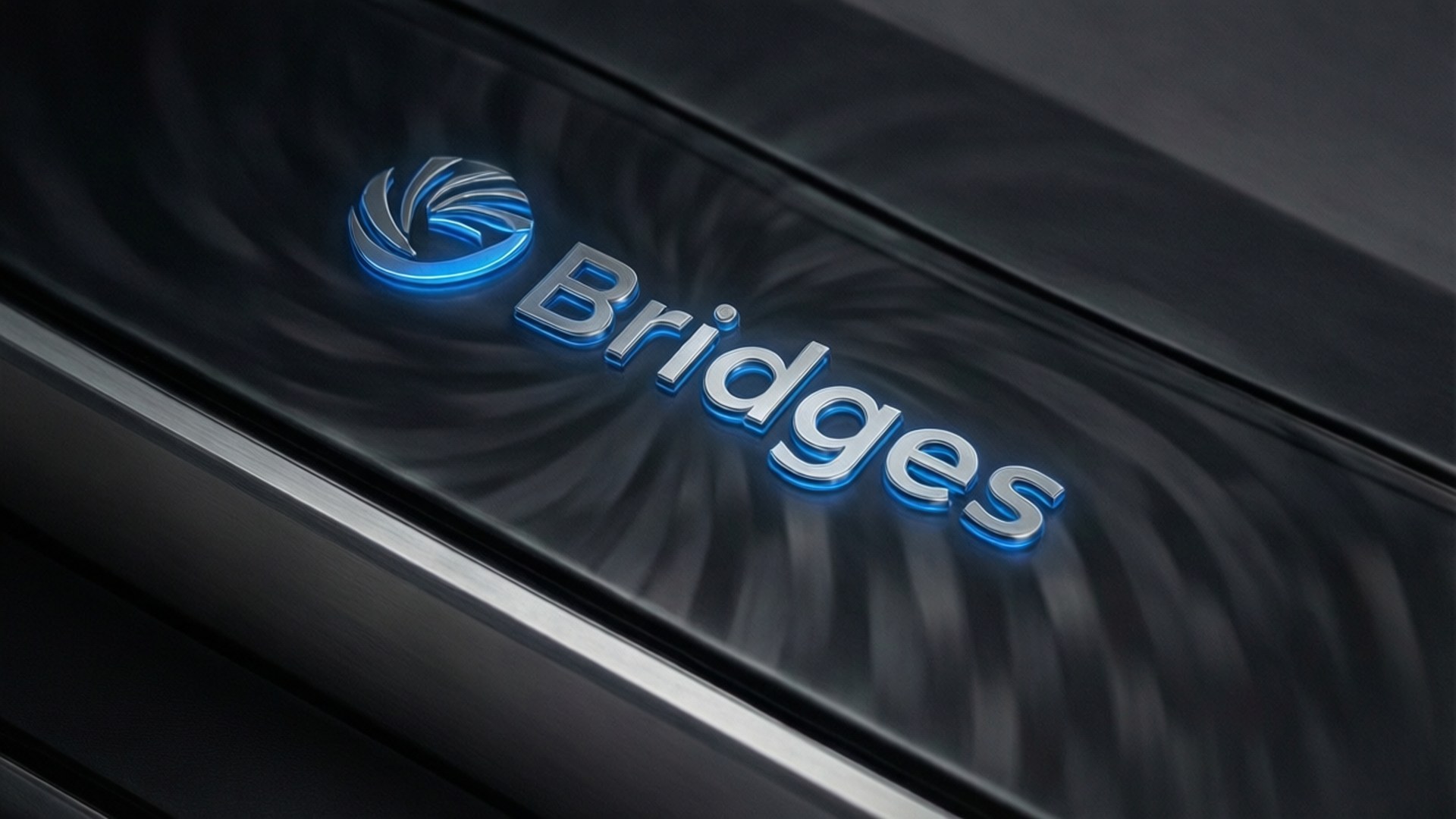 一個藍色發光的 Bridges 標誌，位於帶有金屬飾邊的深色紋理表面上。