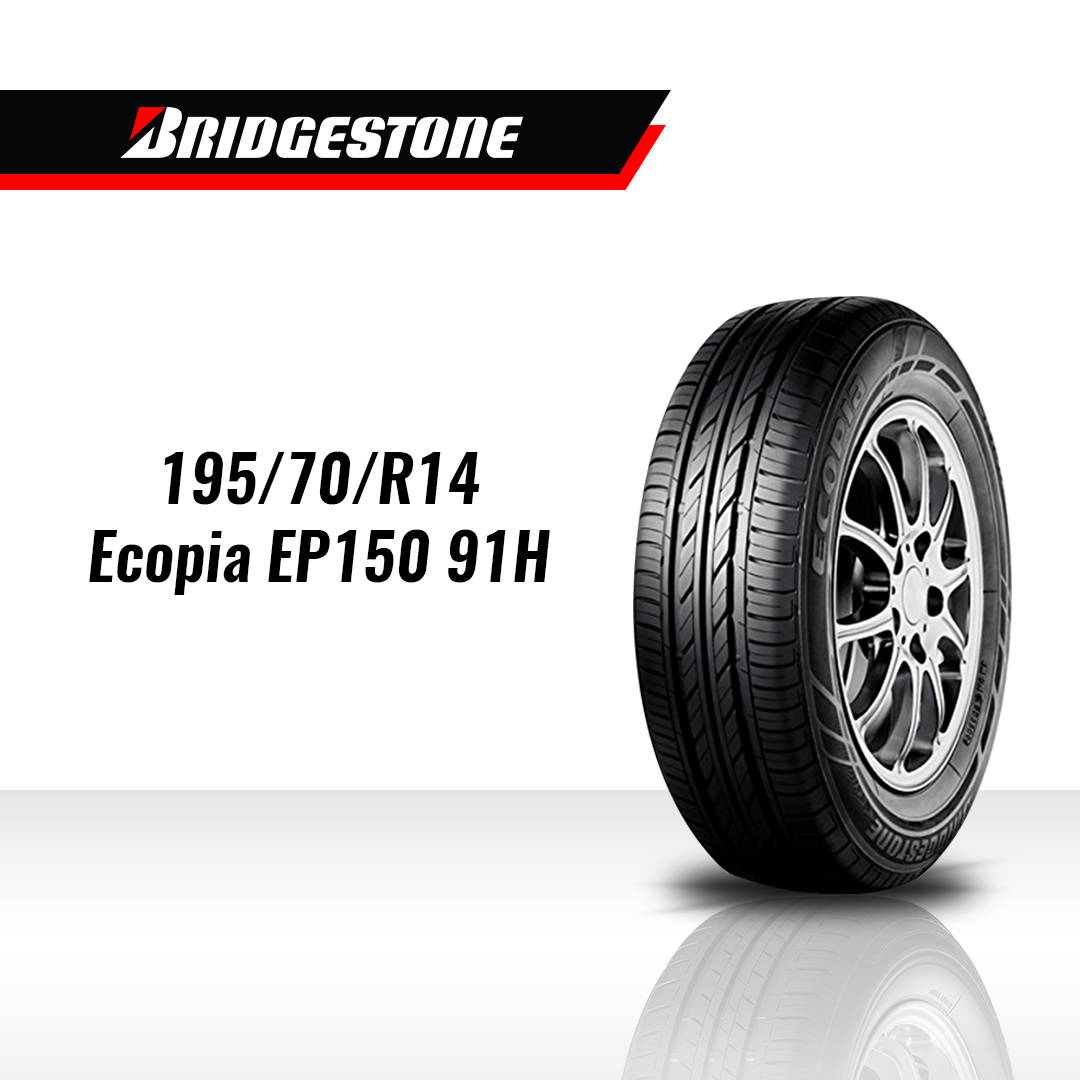 尺寸為195/70/R14的銀色合金輪圈上的Bridgestone Ecopia EP150 91H輪胎在工作室中展示。