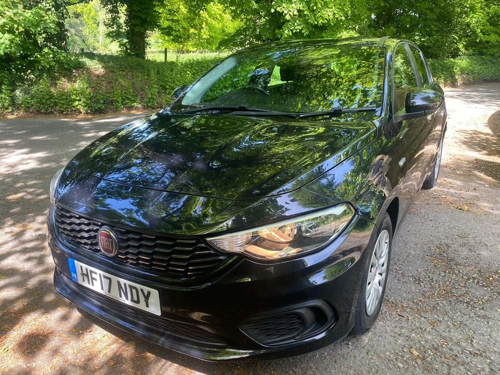 Fiat Tipo 桌布 壁紙 — 一輛亮黑色的菲亞特Punto停泊在碎石小徑上，斑駁的陽光透過茂密的綠樹灑落。