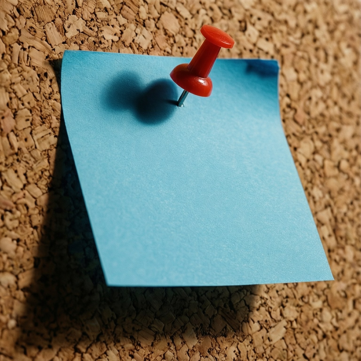 Post It 桌布 壁紙 — 一張亮藍色便利貼用紅色圖釘釘在軟木板上，投射出清晰的陰影。