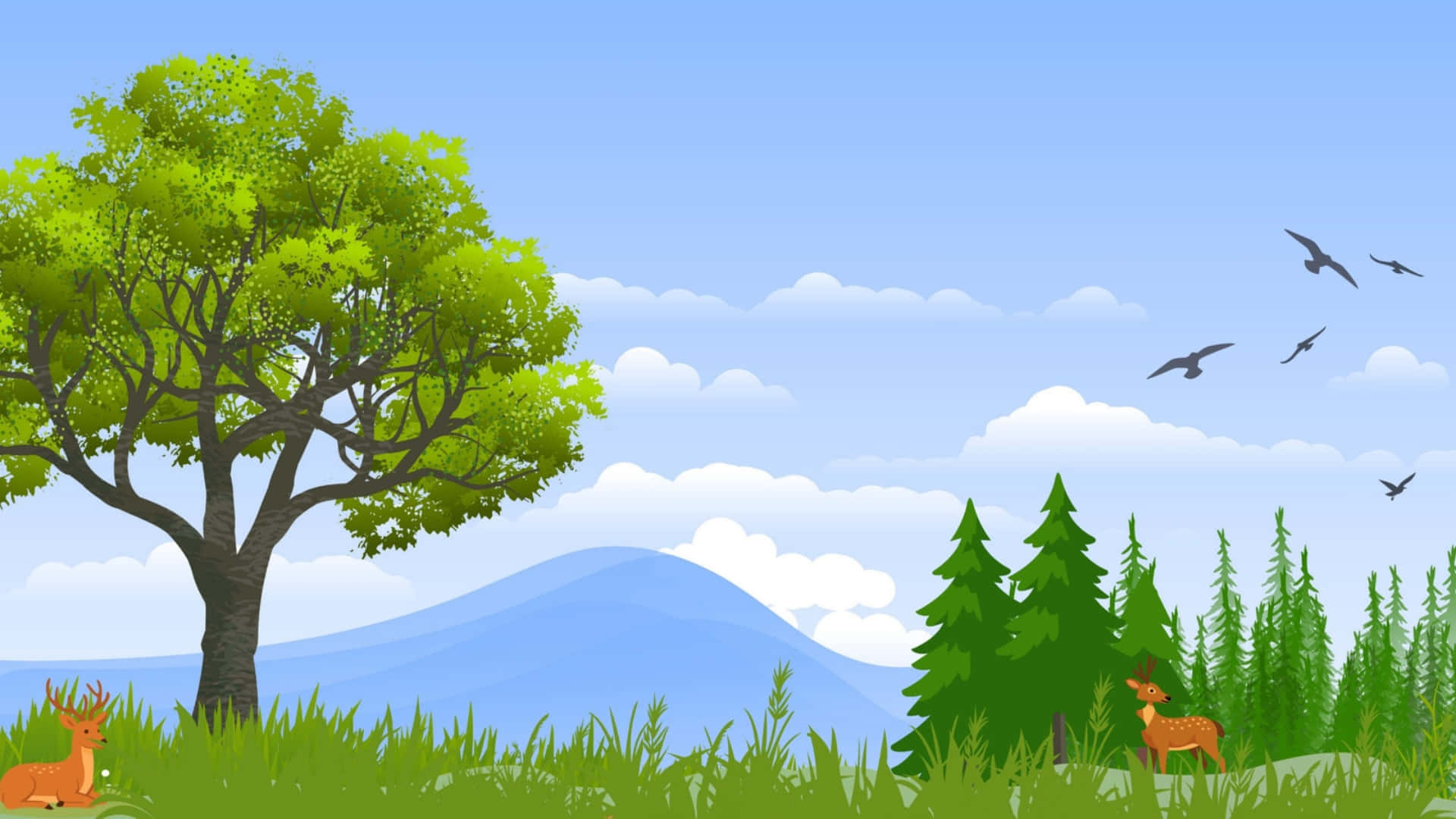  壁紙 — 明亮的卡通風景，兩隻鹿靠近一棵大樹和松林，藍天下有飛鳥。