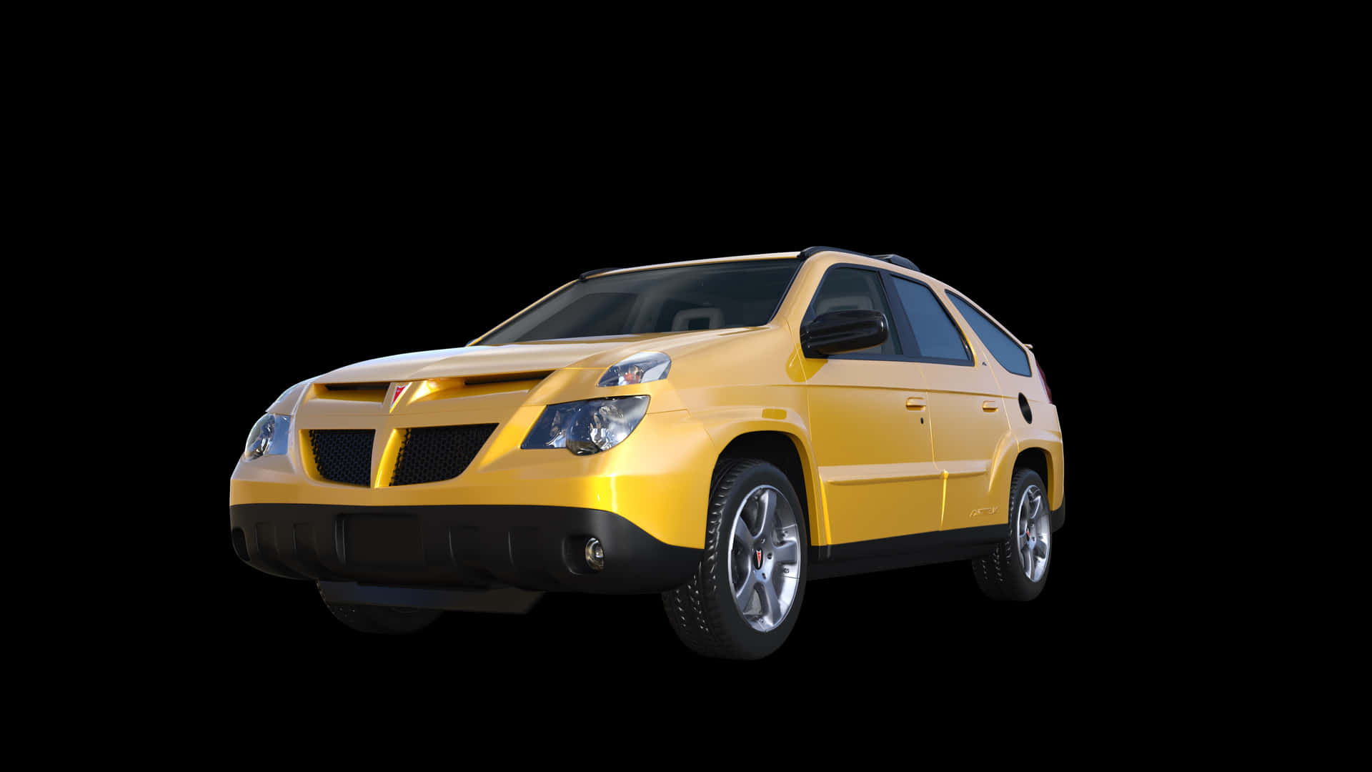  壁紙 — 一輛亮黃色的Pontiac Aztek SUV在純黑色背景上以攝影棚燈光孤立展示。
