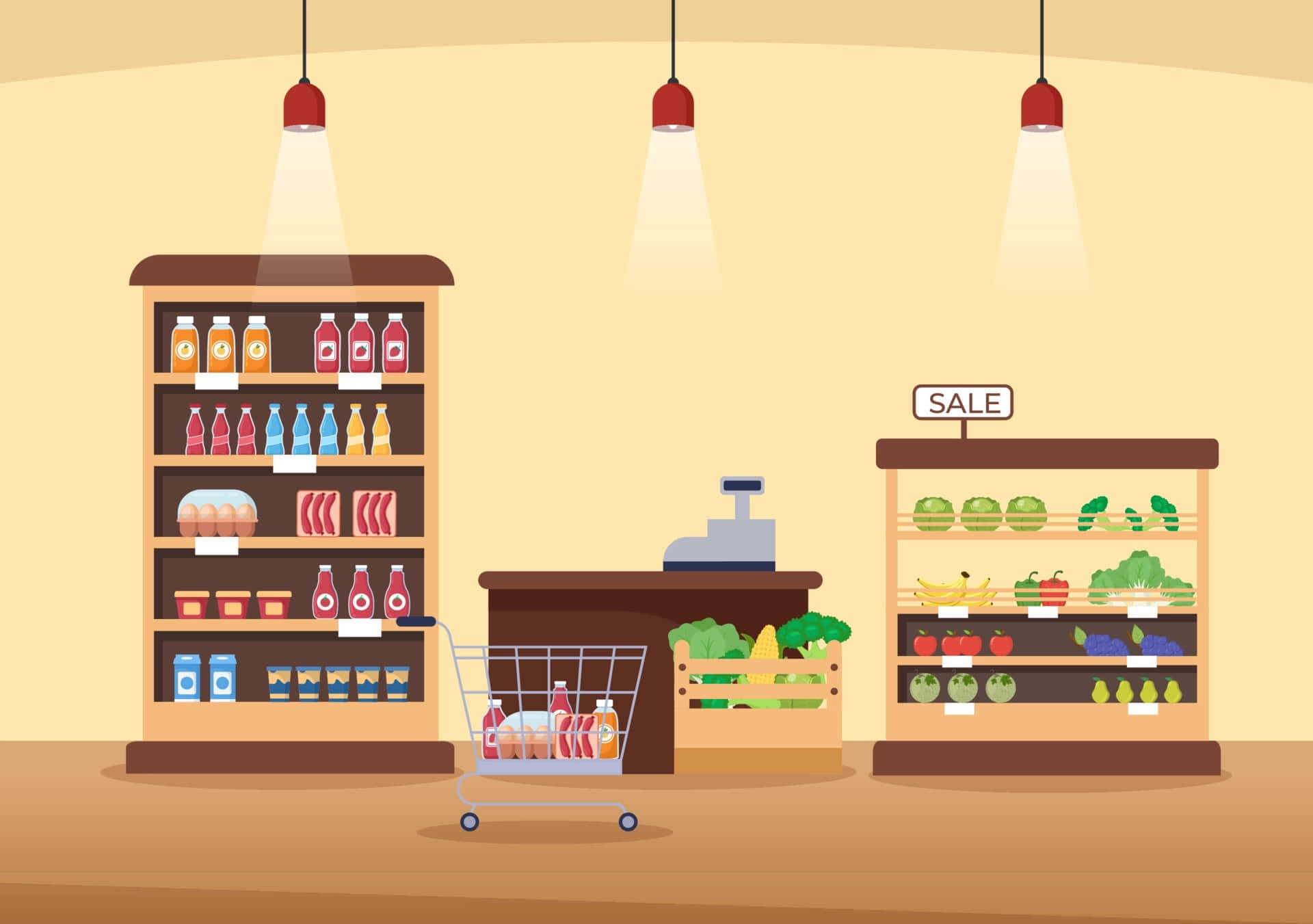 雜貨店，展示購物車和農產品