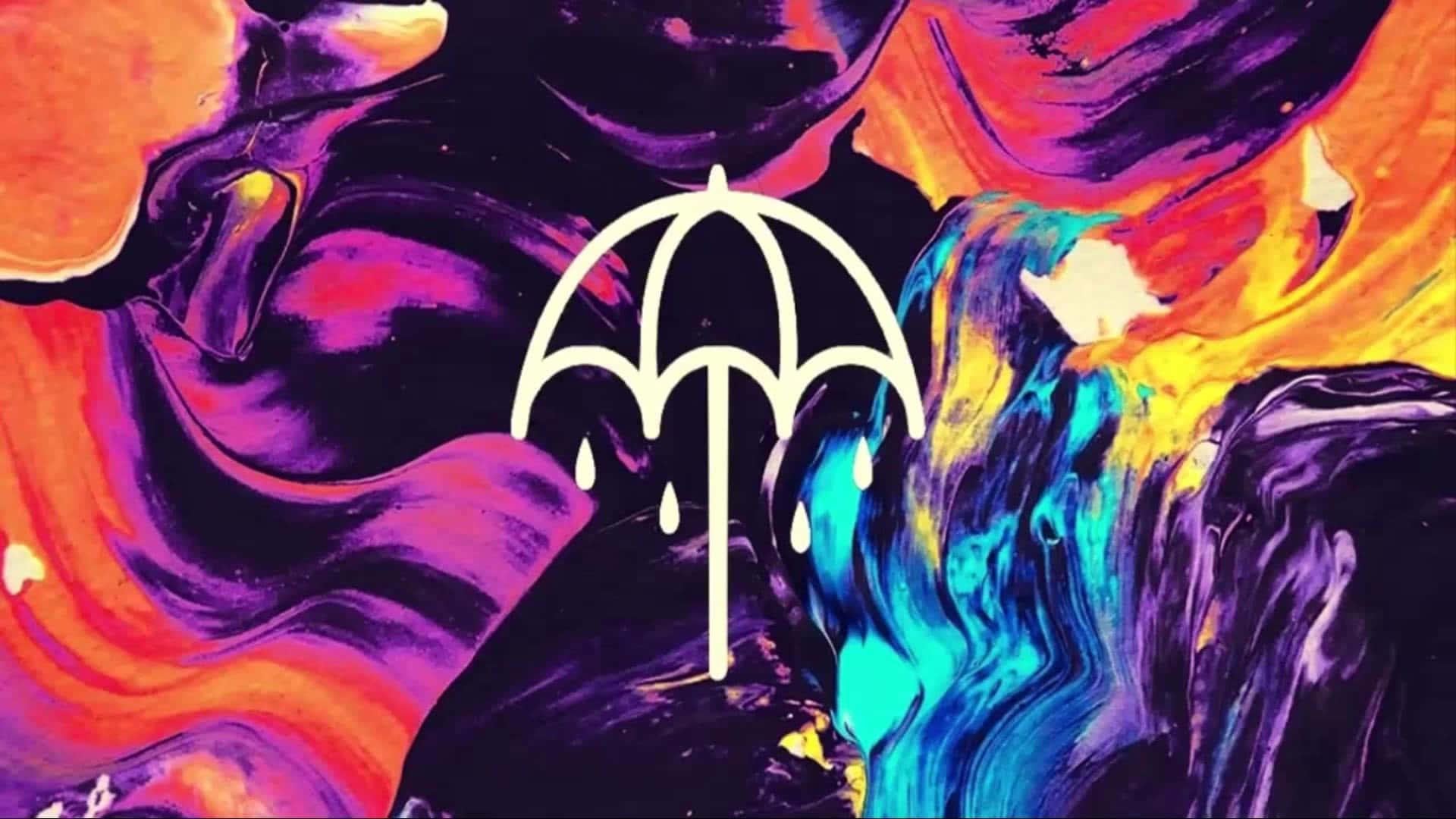 Bring Me The Horizon 雨傘標誌 壁紙 — 一個白色極簡雨傘圖標在紫色、橙色和藍色的鮮豔旋轉抽象背景上滴水。