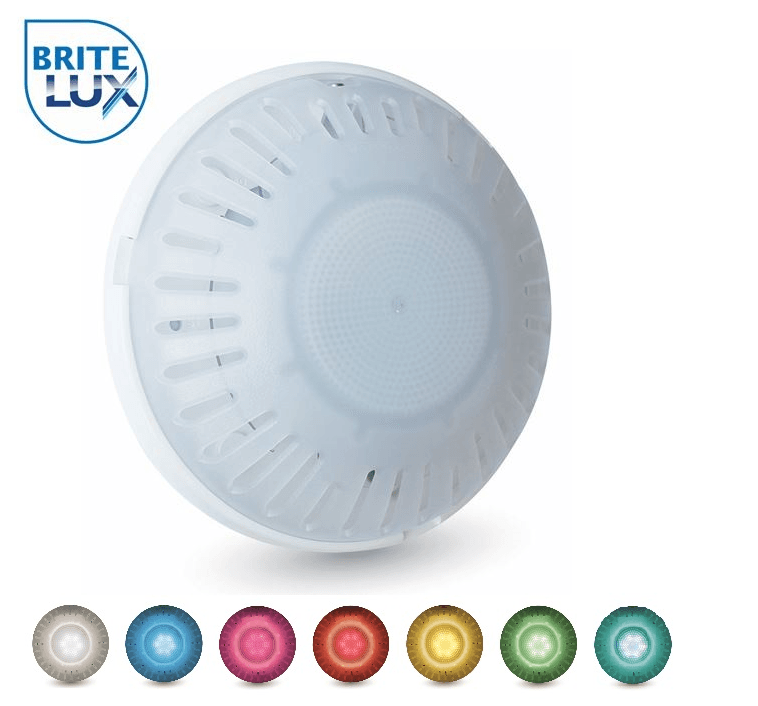 Brite Lux 水下泳池燈 壁紙 — 白色圓形Brite Lux智能燈，具有紋理表面和開槽邊緣，下方顯示顏色選項。