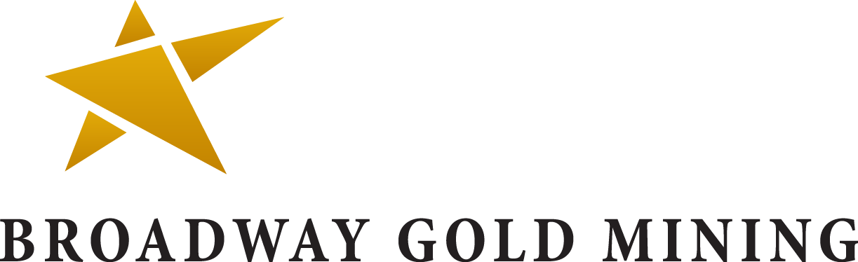 Broadway Gold Mining 標誌 壁紙 — 白色背景上，黑色無襯線字體「Broadway Gold Mining」文字上方有一個大膽的金色星星標誌。