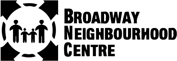 Broadway社區中心標誌 壁紙 — Broadway Neighbourhood Centre 的黑白標誌，圓形徽章內有風格化的人物圖案。
