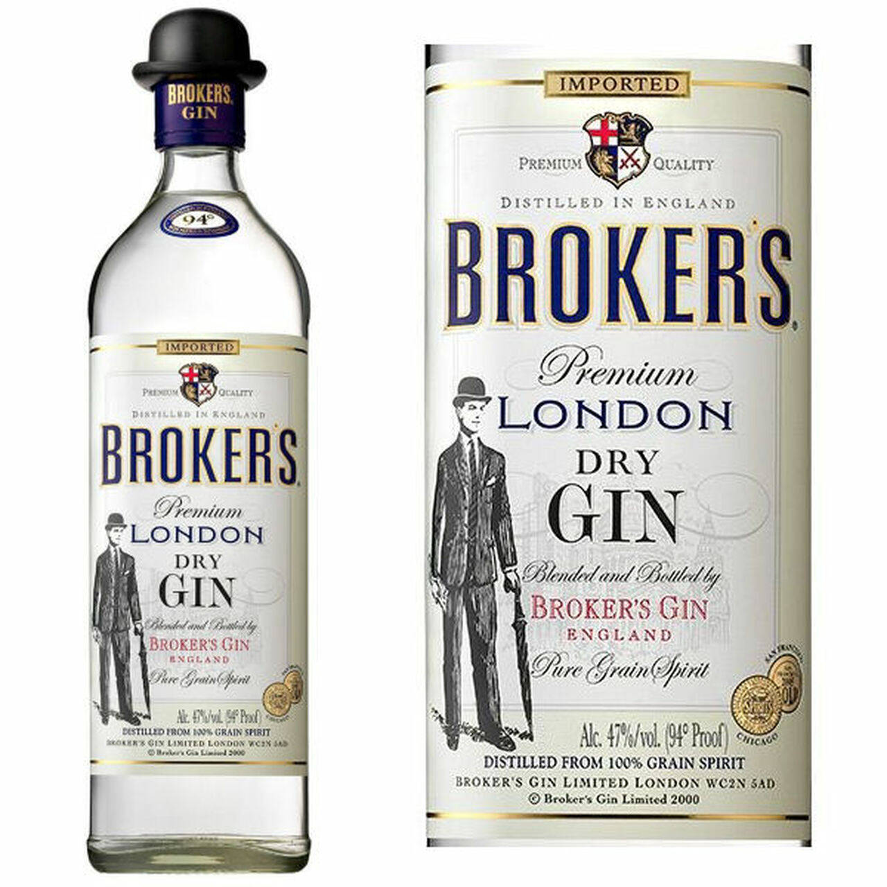 Broker's 金酒品牌貼紙 壁紙 — Broker's Premium London Dry Gin 的透明酒瓶和標籤，上面有一位穿著西裝和圓頂禮帽的復古紳士。