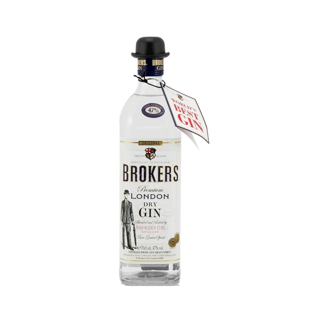 Brokers Premium London Dry Gin瓶，帶黑色圓頂硬禮帽蓋和「World's Best Gin」標籤。