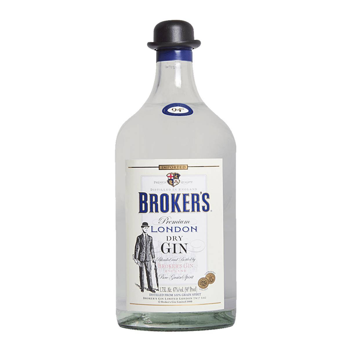 Brokers 金酒 1公升 壁紙 — 一瓶清澈的玻璃瓶裝 Broker's Premium London Dry Gin，配有黑色高頂禮帽瓶塞和復古標籤插圖。