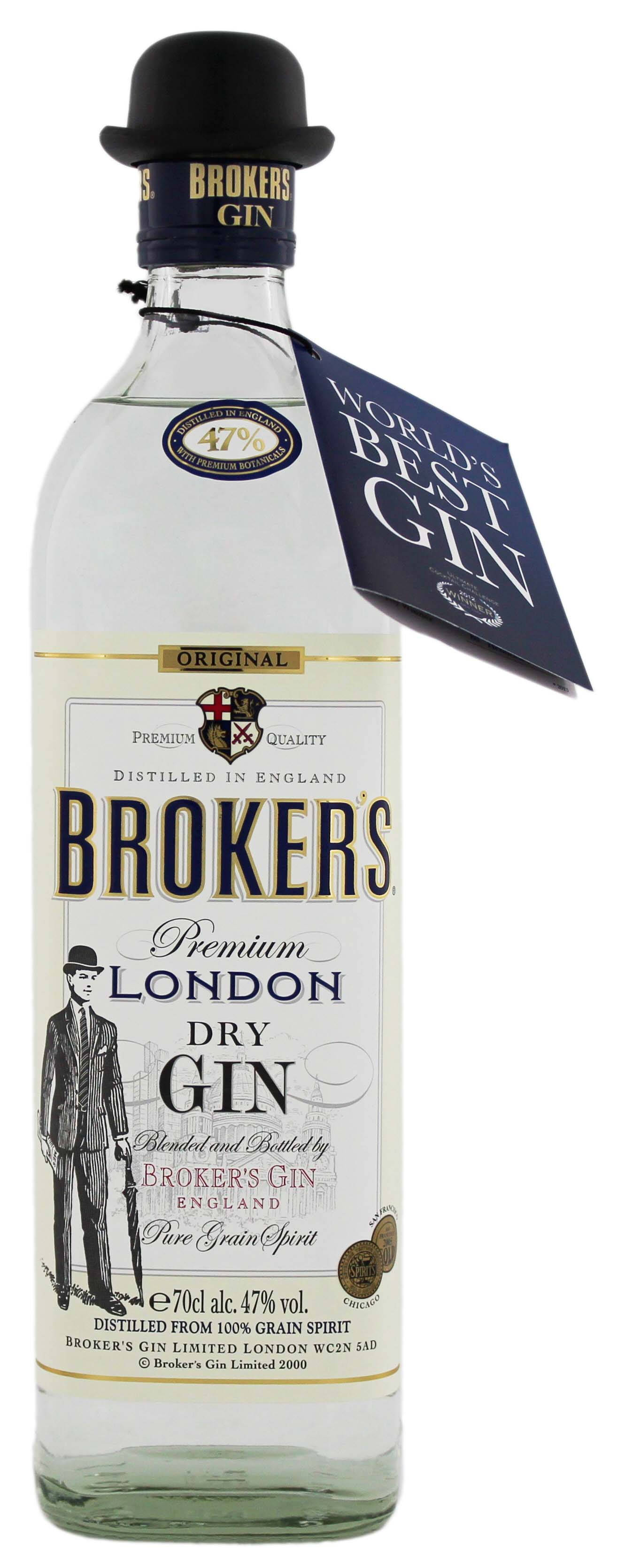 配戴圓頂帽的 Brokers 金酒瓶 壁紙 — 一個透明玻璃瓶的Brokers Gin，帶有黑色圓頂禮帽瓶塞和一個標籤，上面寫着「World's Best Gin」，背景為白色。