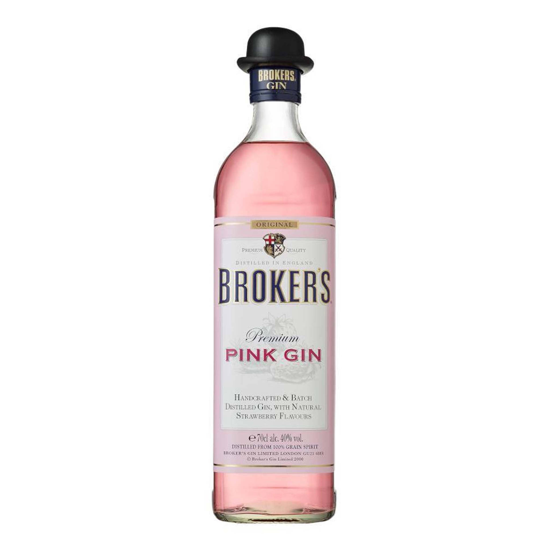 Broker's Premium Pink Gin士多啤梨味酒瓶，白色背景
