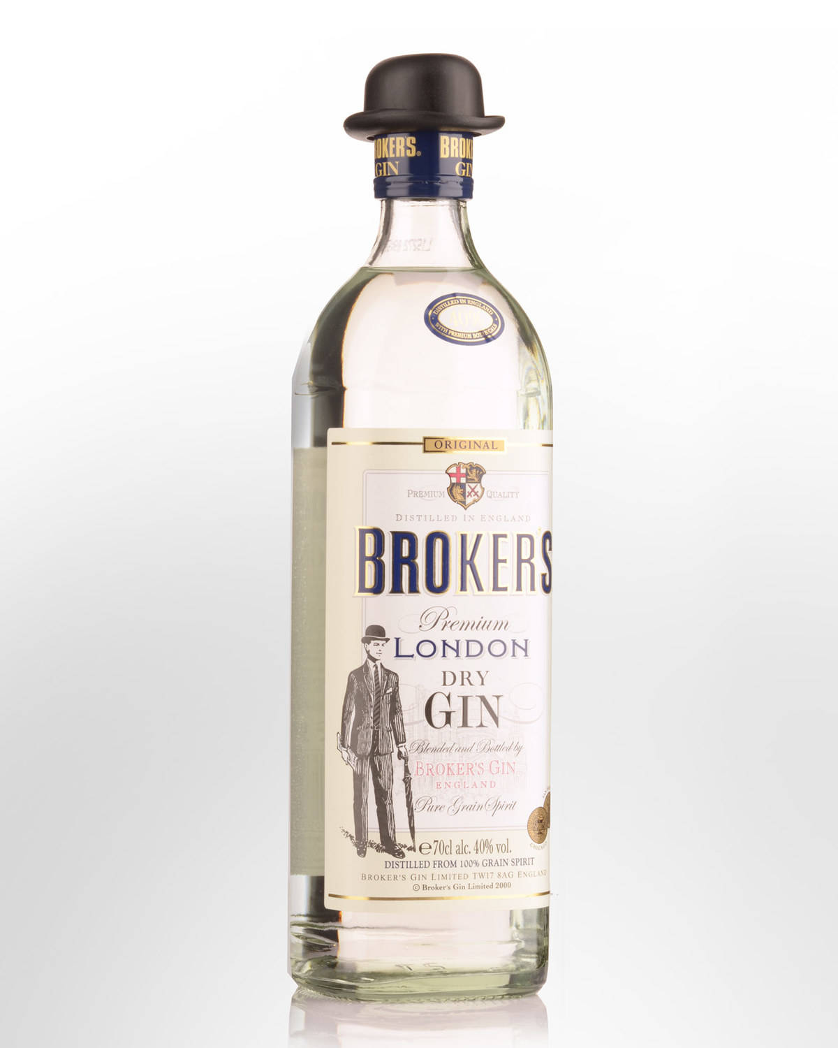 Brokers Premium London Dry Gin 酒瓶，標籤上有復古紳士插圖。
