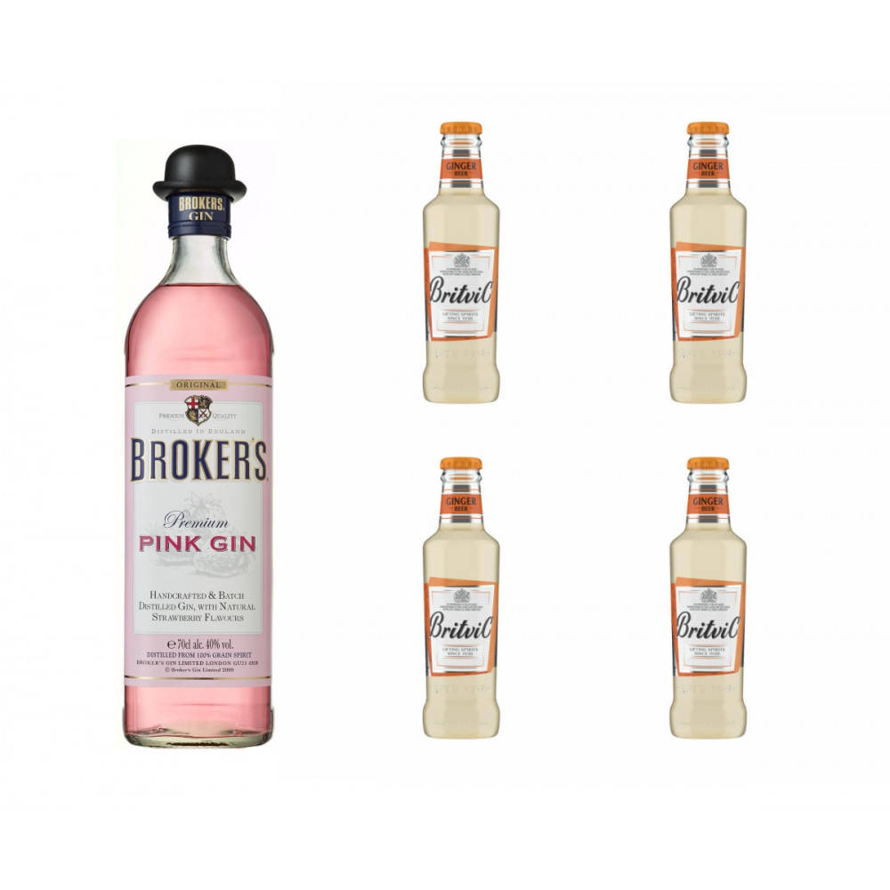 Brokers 粉紅氈酒和四個 Britvil 薑玫瑰氈酒瓶的產品照片。