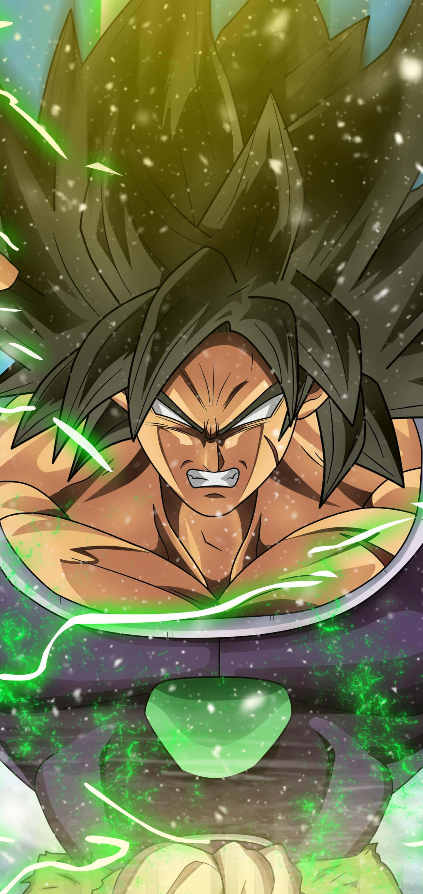 以經典角色 Broly 為靈感的 iPhone 壁紙 — 一位兇猛的動漫戰士，有著刺蝟般的黑髮，發光的綠色能量在他緊握的拳頭周圍湧動。