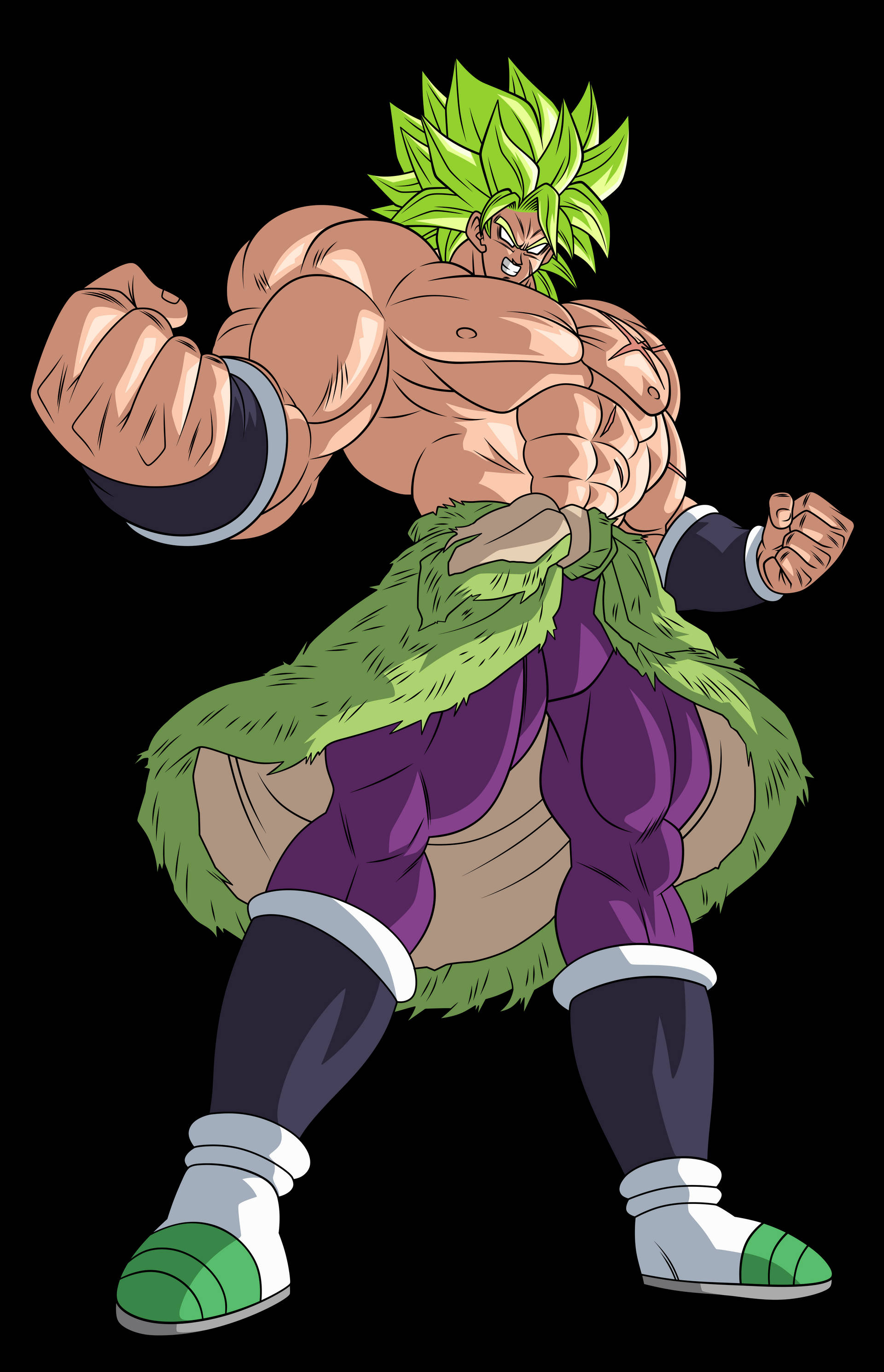 Broly SSJ Full Power 壁紙 — 一個肌肉發達的動漫戰士，擁有綠色尖刺頭髮和紫色褲子，在黑色背景前擺出強力的戰鬥姿勢。