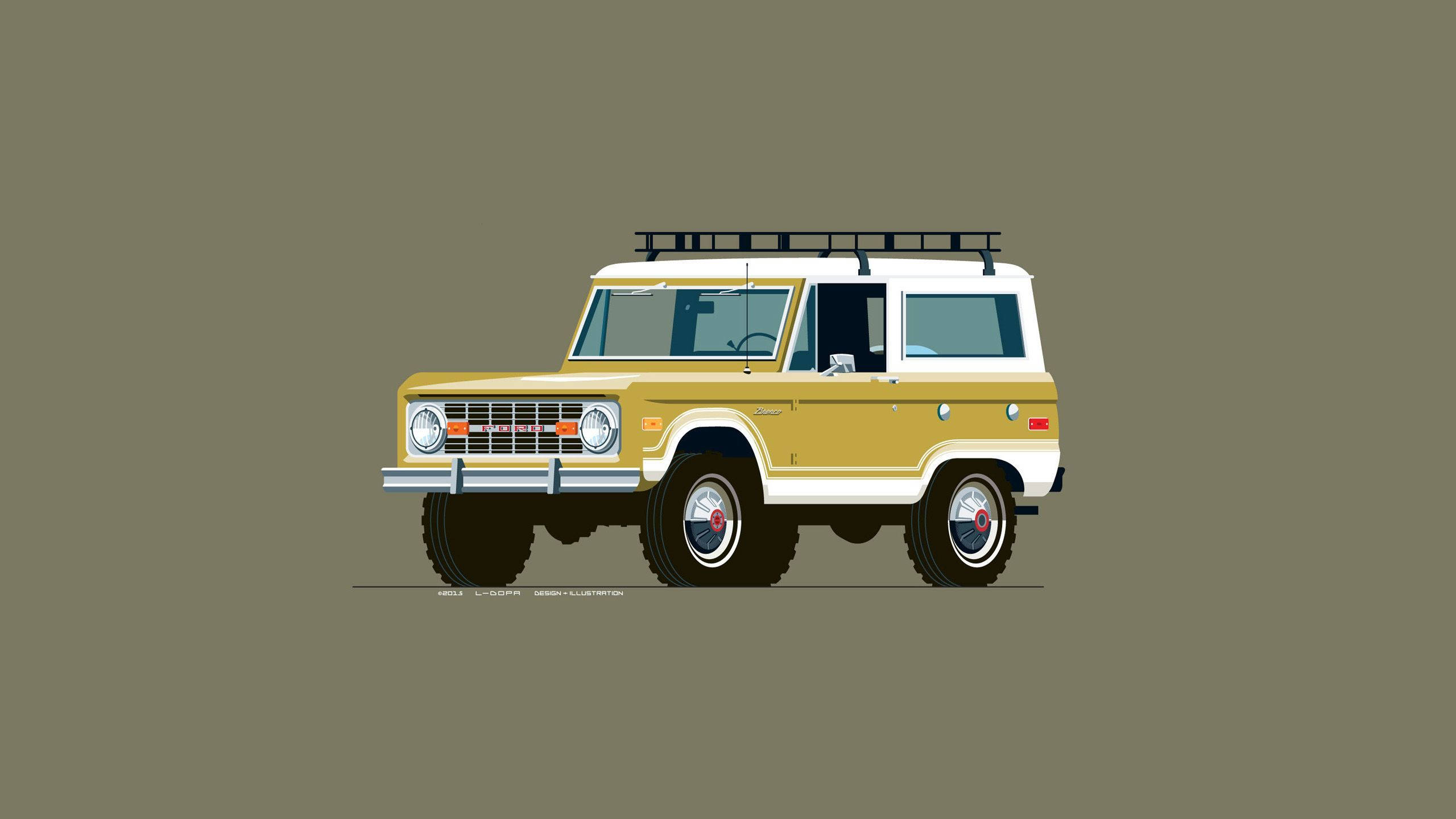 福特Bronco數位插畫 壁紙 — 一輛復古黃白相間的福特Bronco SUV，配有車頂行李架，居中置於純橄欖綠背景前。