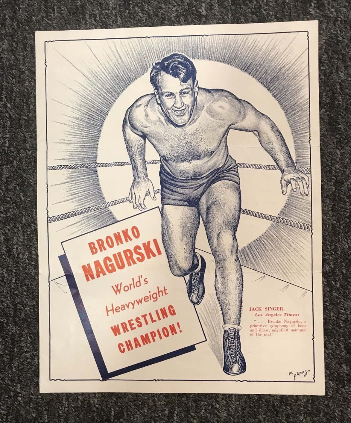 Bronko Nagurski 黑白海報 壁紙 — 復古黑白插圖，描繪摔角手 Bronko Nagurski 在擂台上，粗體紅色文字宣佈他為世界重量級冠軍。