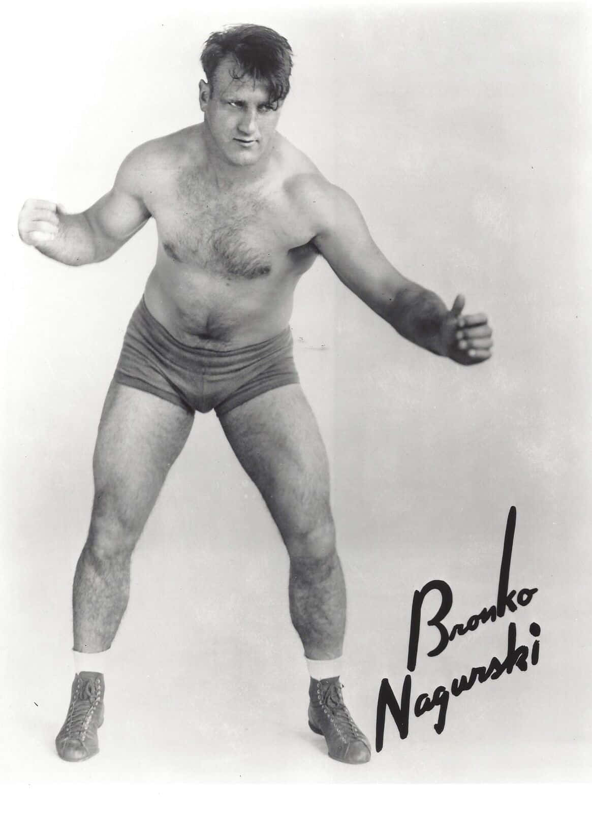 Bronko Nagurski 簽名古董照片 壁紙 — 一位肌肉發達的摔角手穿著復古短褲，在經典黑白工作室肖像中擺出強而有力的姿勢。