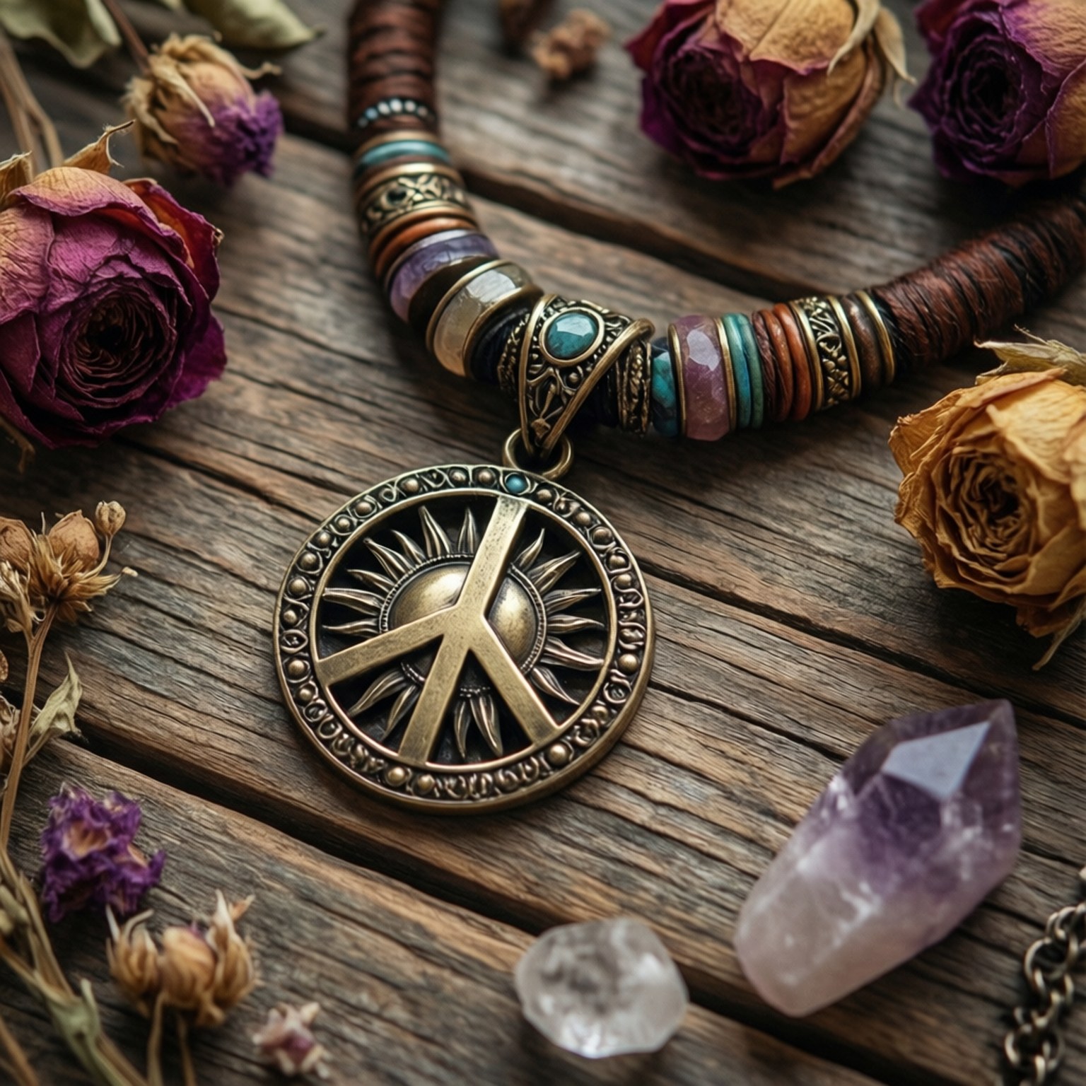 Peace Sign Necklace Still Life 壁紙 — 一個青銅和平符號吊墜帶有太陽光線，放置在質樸的木質表面上，周圍環繞著乾燥玫瑰和水晶。