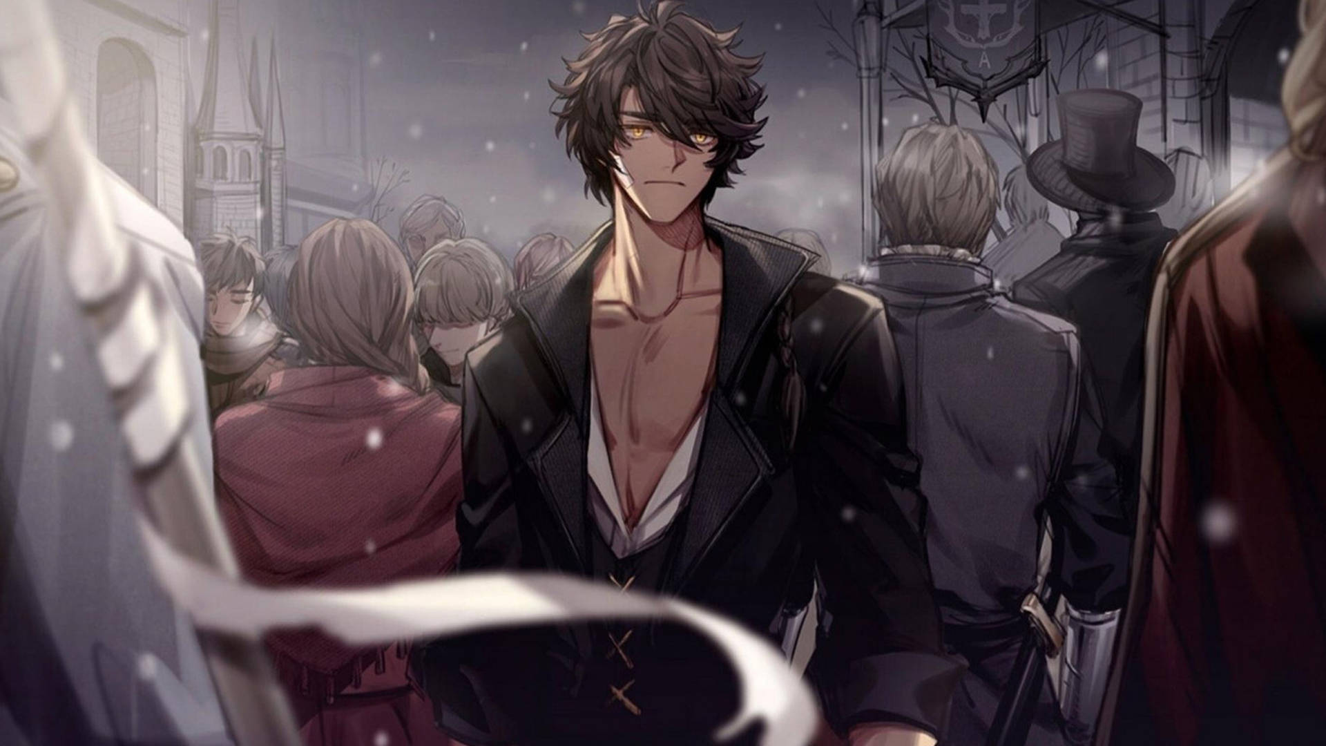 身穿黑色外套的動漫男子站在積雪的哥德式街道上，身後有群人。