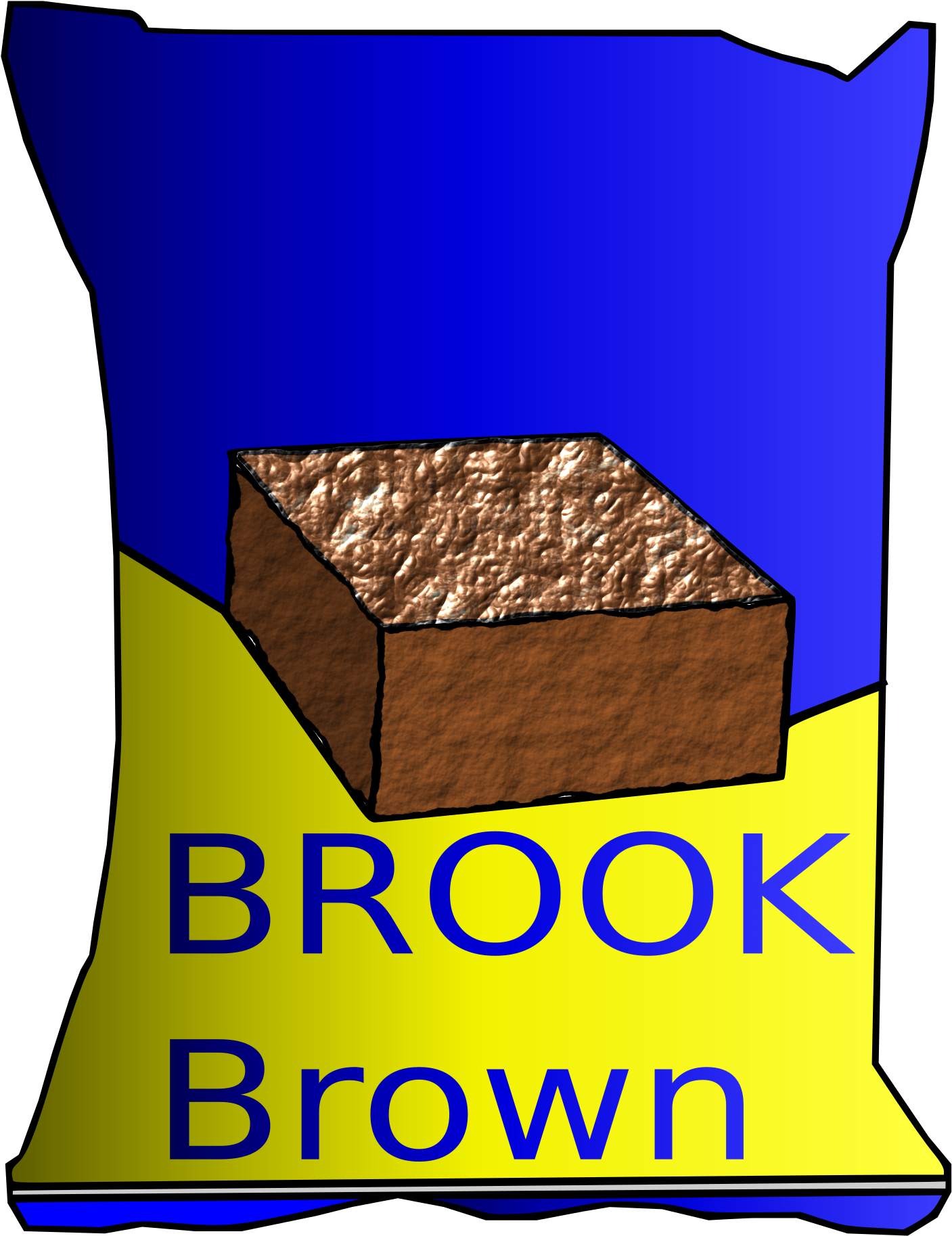 Brook Brownie 標誌 壁紙 — 一個卡通風格的Brook Brown朱古力袋，在藍色和黃色背景上有一個帶紋理的棕色正方形。