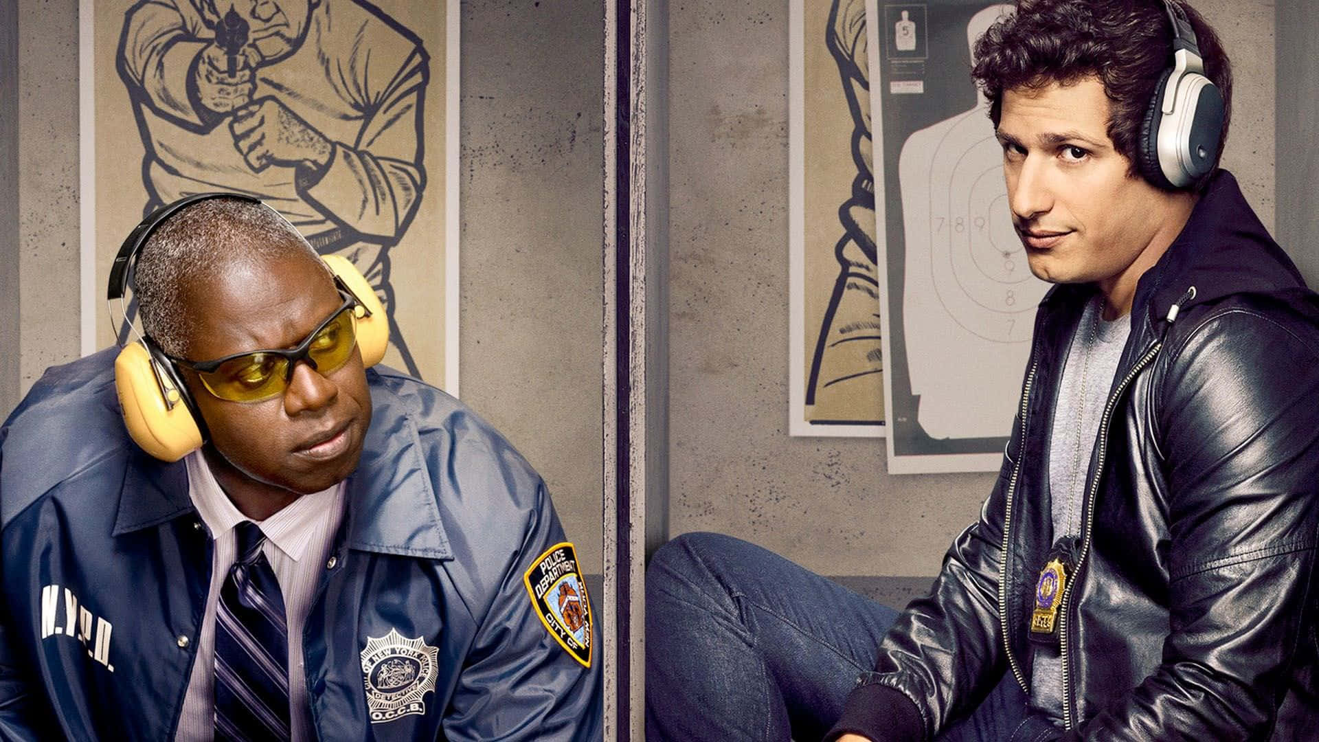 《Brooklyn Nine-Nine》小隊對假鬍子極度認真 壁紙 — 兩名身穿皮褸及戴耳機的紐約警察局警員坐在射擊場內，混凝土牆上貼有目標海報。