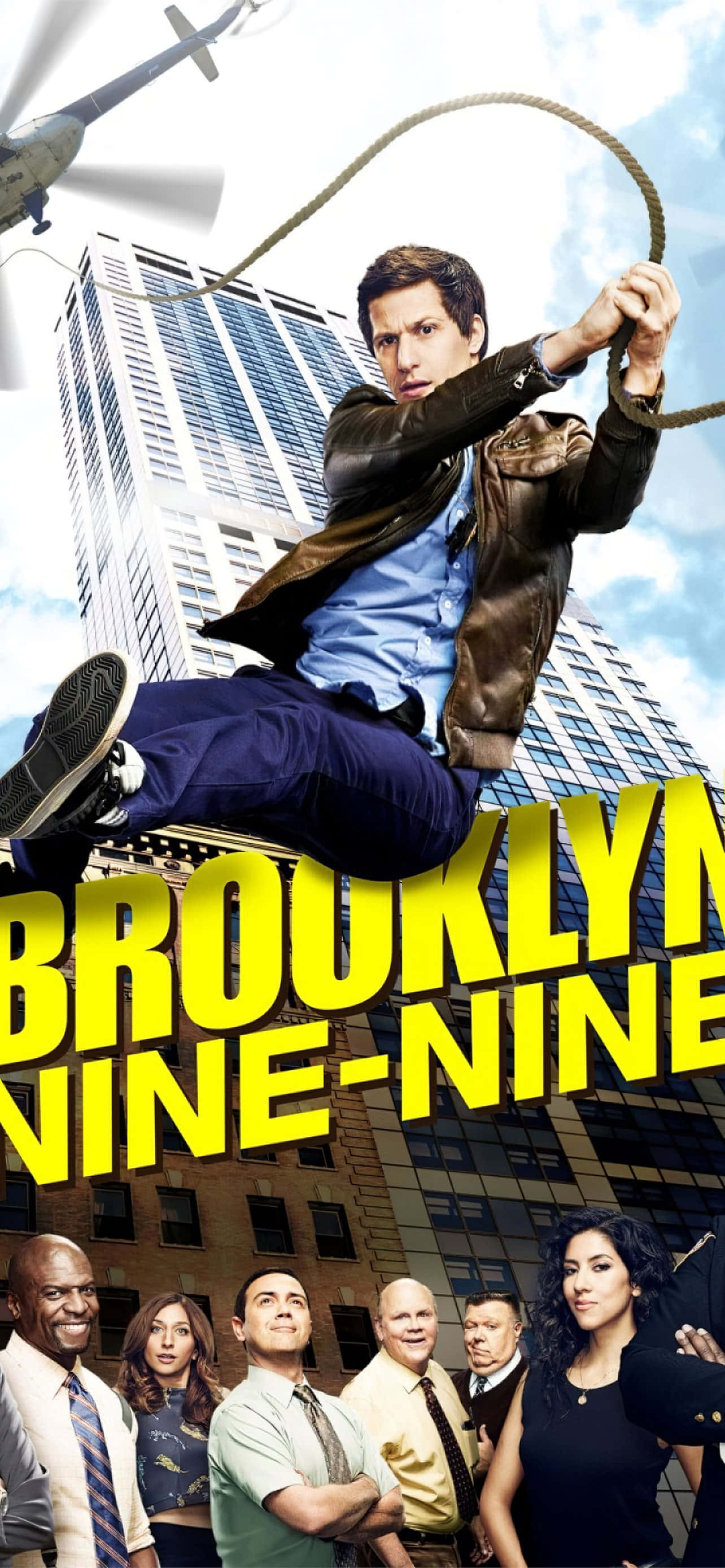 《Brooklyn Nine-Nine》中的偵探傑克·佩拉塔 壁紙 — 一個穿著皮褸的男人在繩索上搖擺，下方是城市景觀，頭頂有直升機，下方有一眾角色。