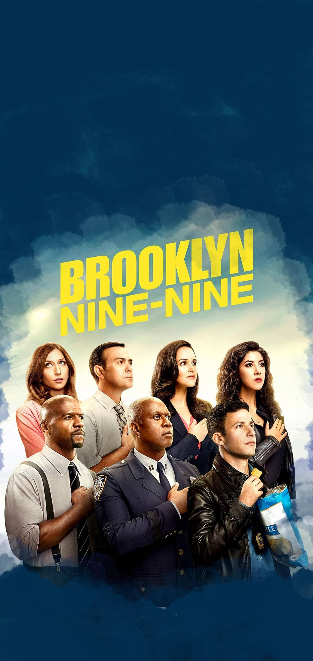 Brooklyn Nine Nine 藍色粉絲藝術 壁紙 — 《神煩警察》七位演員站在戲劇性的多雲天空下，配以粗體黃色標題文字。