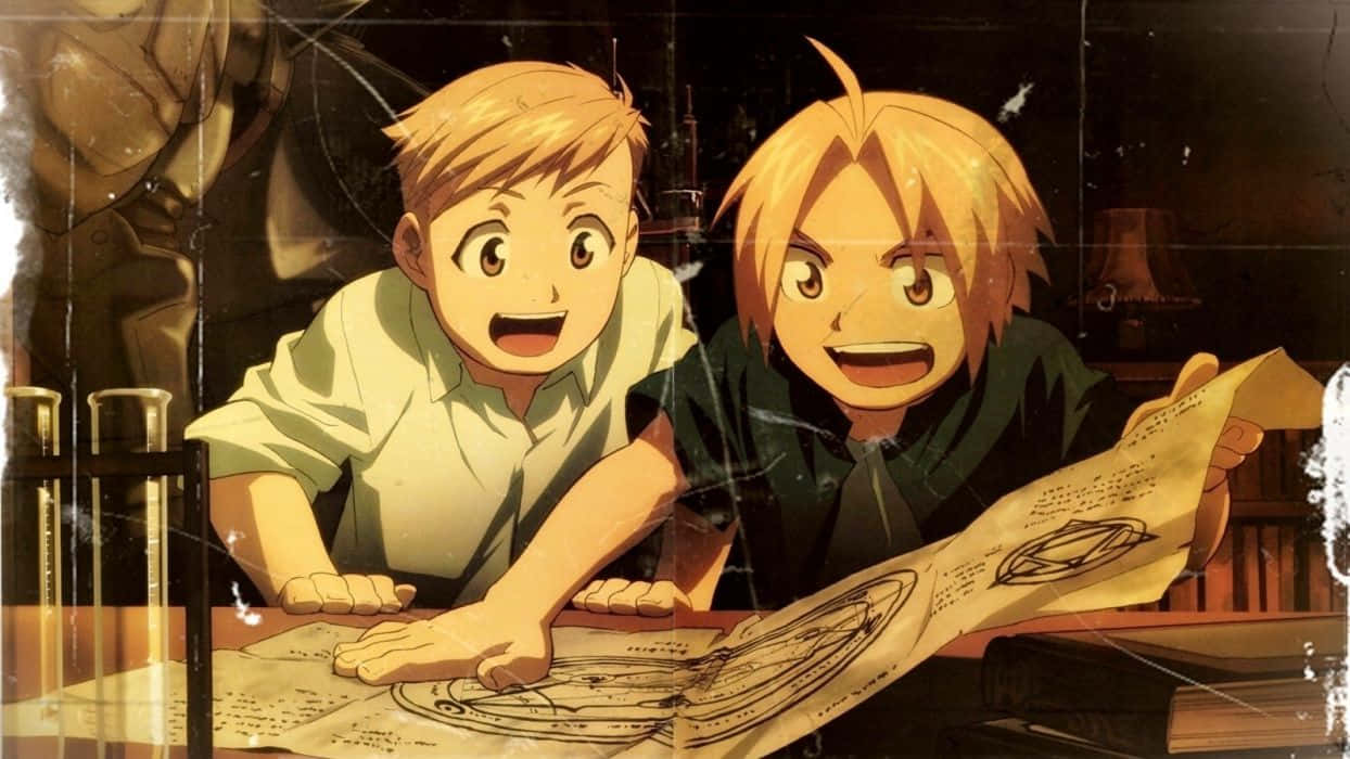 《鋼之鍊金術師：Brotherhood》中的愛德與阿爾方斯·艾力克兄弟 壁紙 — 兩個動畫男孩在一個光線昏暗、充滿科學設備和書籍的房間裡俯身看著一張詳細的地圖。