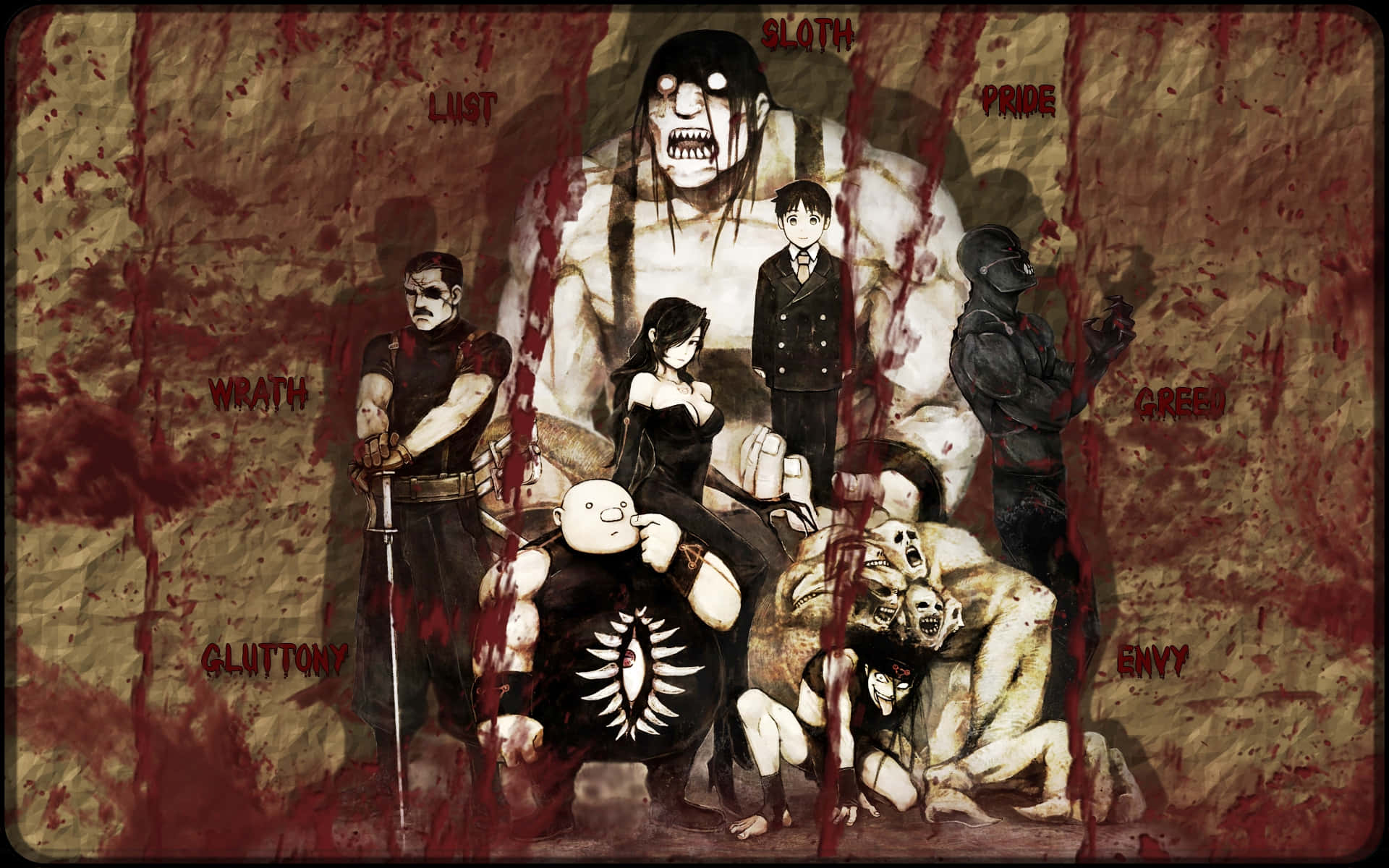 《鋼之鍊金術師：Brotherhood》的英雄愛德與阿爾方斯·艾力克 壁紙 — 七個以罪惡為主題的動漫角色，帶著怪誕的表情，站在一個標有「Sloth」的巨型惡魔形象前，周圍是血跡斑斑的牆壁。