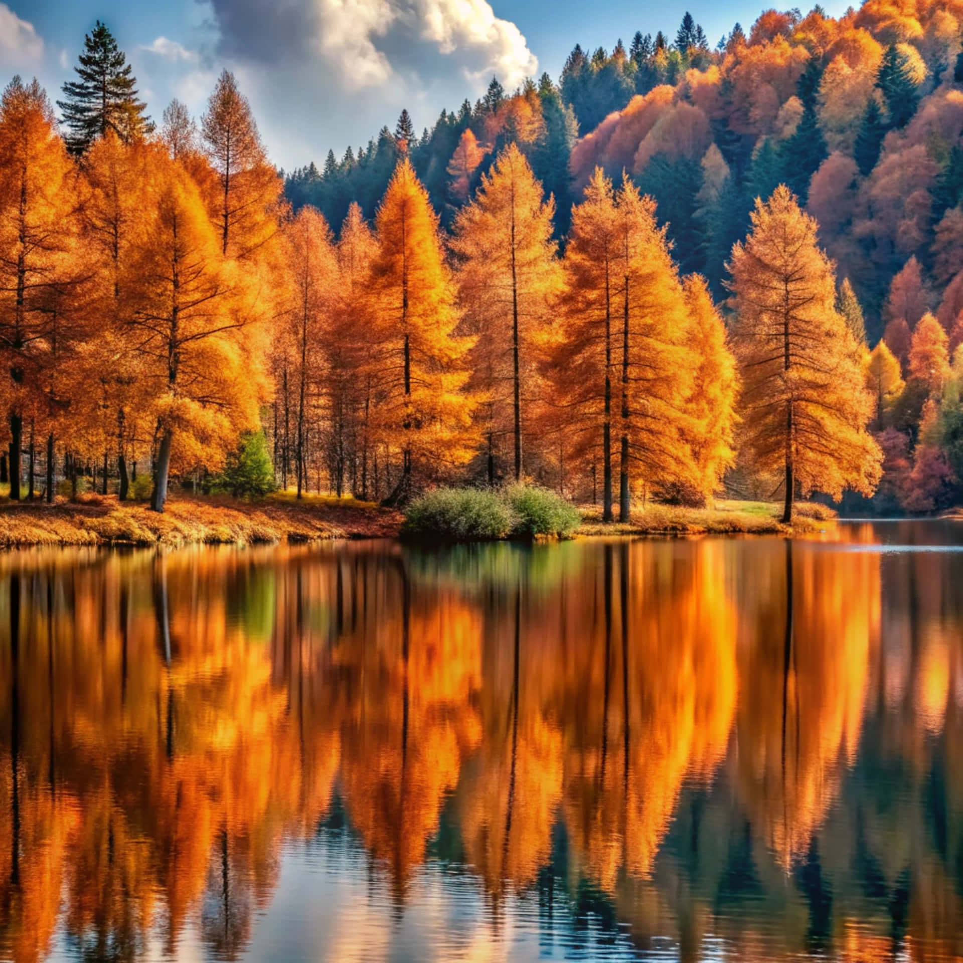 秋天的落葉松倒映在平靜的湖中，周圍是森林和山脈，藍天白雲