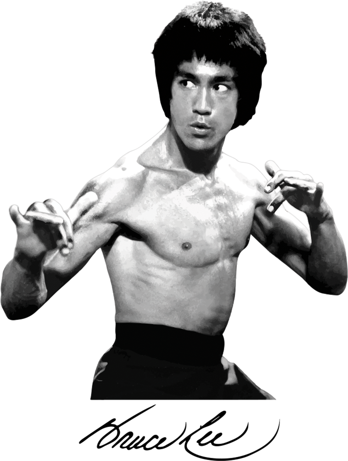 Bruce Lee 經典格鬥姿勢 壁紙 — 李小龍在黑色背景前擺出動態武術姿勢的高對比黑白照片。