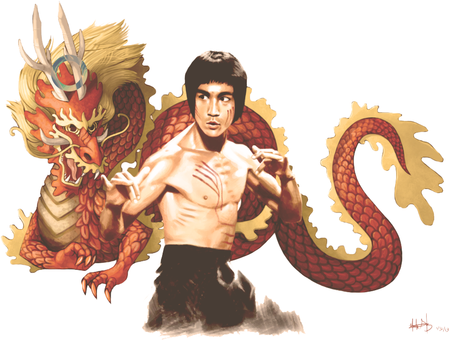 Bruce Lee 龍形插畫 壁紙 — 李小龍擺出武術姿勢，身後有一條火紅色的龍盤繞在黑色背景上。