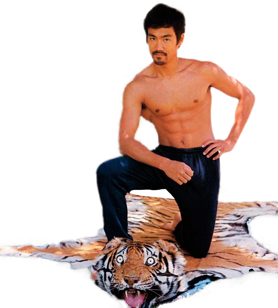 Bruce Lee 虎皮地毯上的姿勢 壁紙 — 李小龍自信地跪在虎皮地毯上，身後是陽光普照的後院，有房屋和綠植。