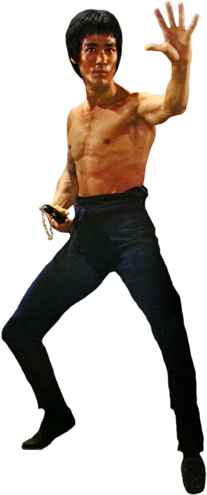 Bruce Lee 經典格鬥姿勢 壁紙 — 李小龍以動態武術姿勢，赤裸上身，在黑色背景下手持雙節棍。