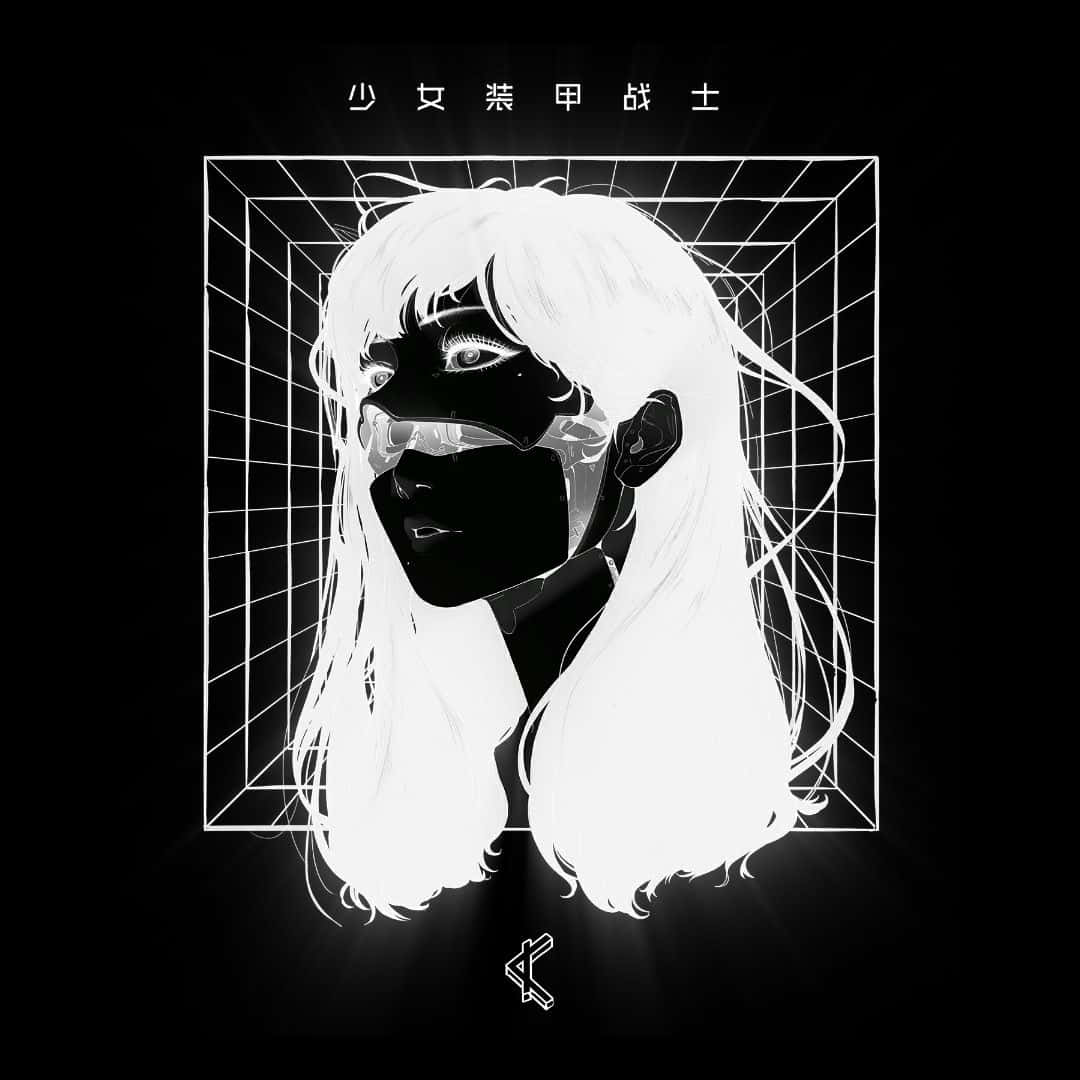 白髮和黑色面具的動漫女孩在發光的網格立方體中。