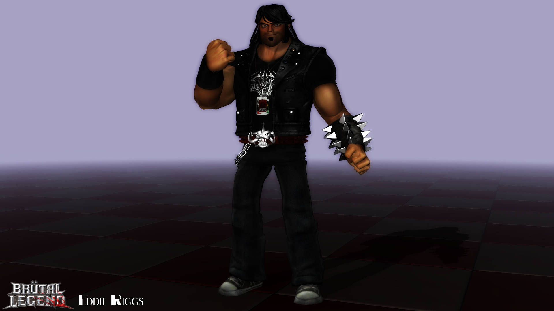 來自《Brutal Legend》的遊戲角色 Eddie Riggs，身穿黑色皮革和帶刺的護臂。