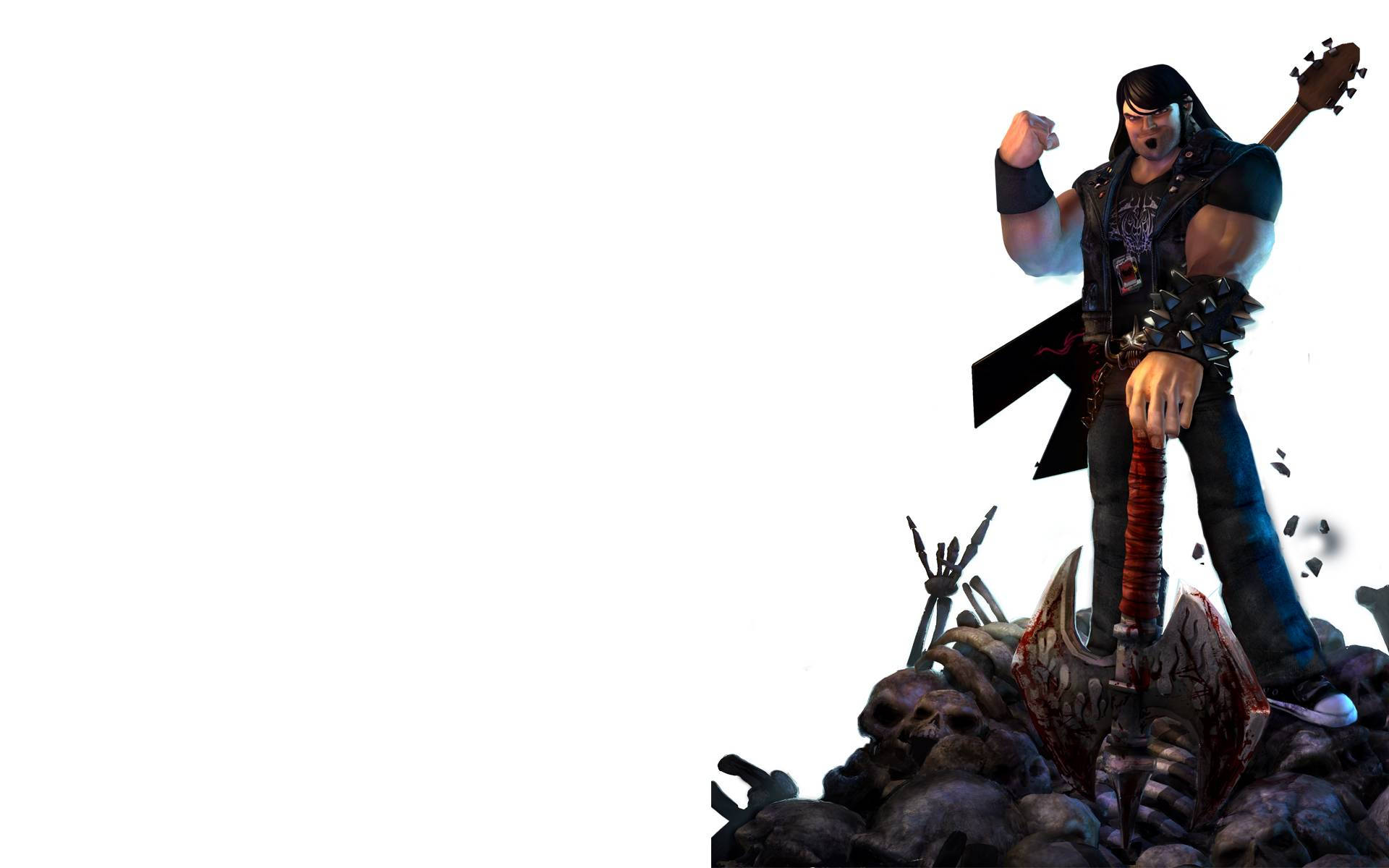 《Brutal Legend》- Eddie Riggs立於骷髏堆 壁紙 — 一個肌肉發達的動漫風格搖滾歌手，長長的黑髮，站在骷髏頭上，手持血淋淋的斧頭和結他。