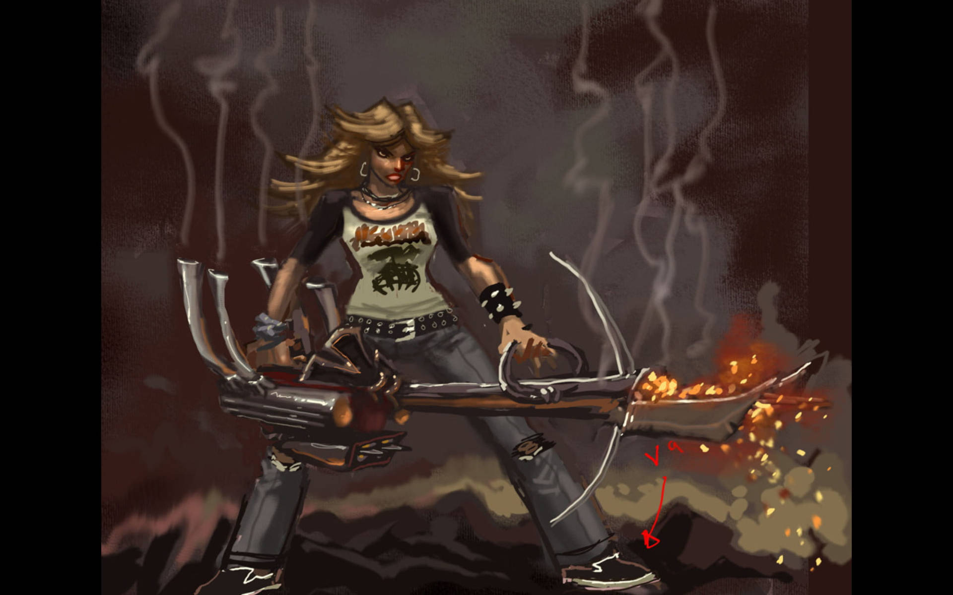 《Brutal Legend》剃刀女漫畫插畫 壁紙 — 一位兇猛的女戰士，擁有狂野的金色頭髮，在暴風雨背景下揮舞著火焰弩。