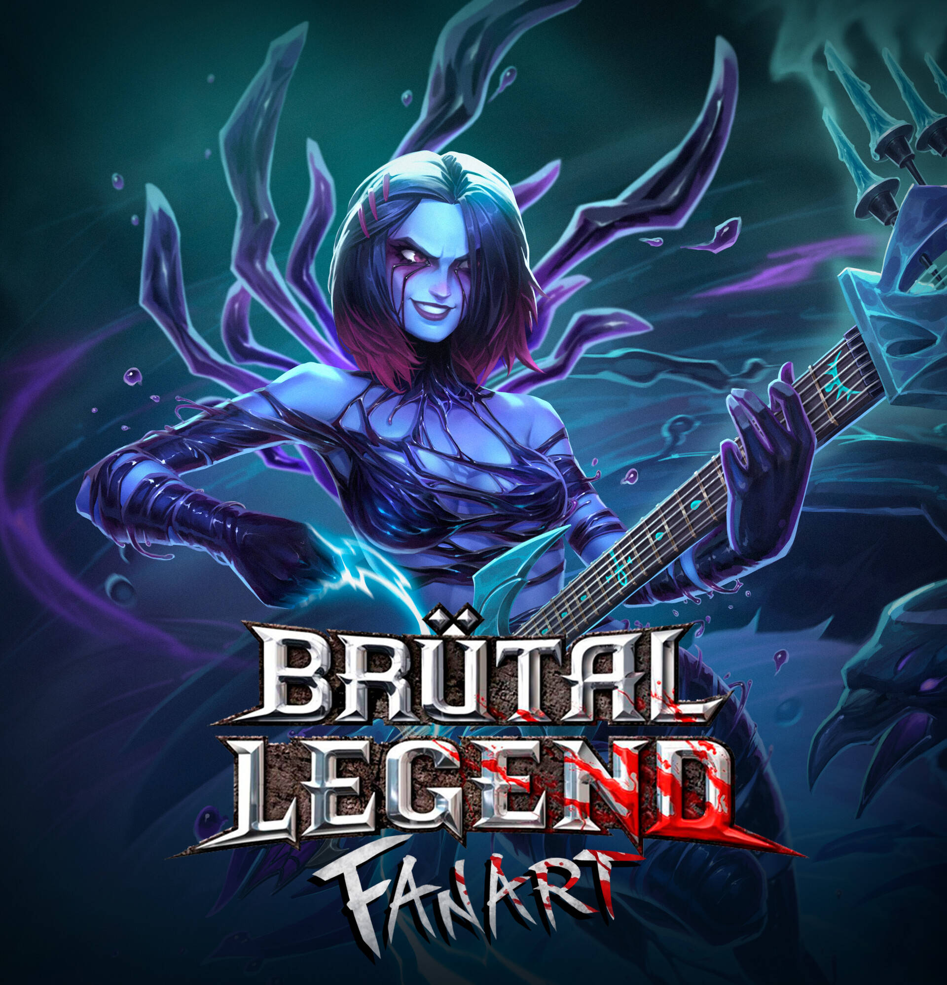 《Brutal Legend》奧菲莉亞粉絲藝術圖 壁紙 — 一個惡魔般的結他手，眼睛發光，帶有紫色觸手，在深藍綠色背景上彈奏一把被閃電擊中的結他。