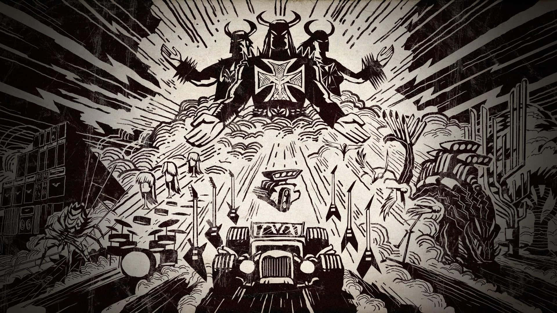一輛復古汽車在混亂的黑白插圖中向一個惡魔般的人物疾馳。